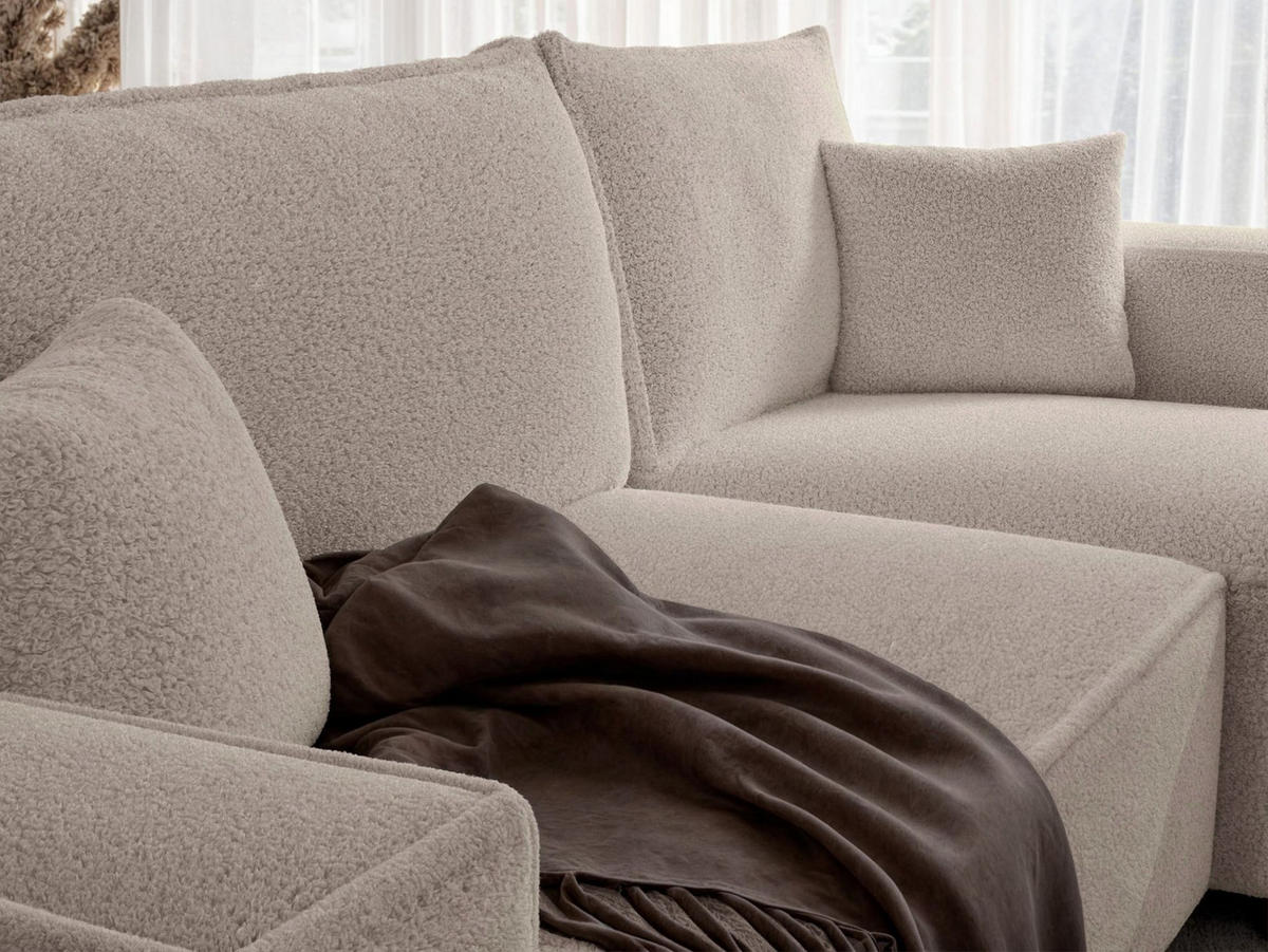 ECKSOFA Scarlo Hellbeige Bouclé-Bezug - Ecru/Schwarz, Kunststoff/Textil (244/145cm) - Selsey