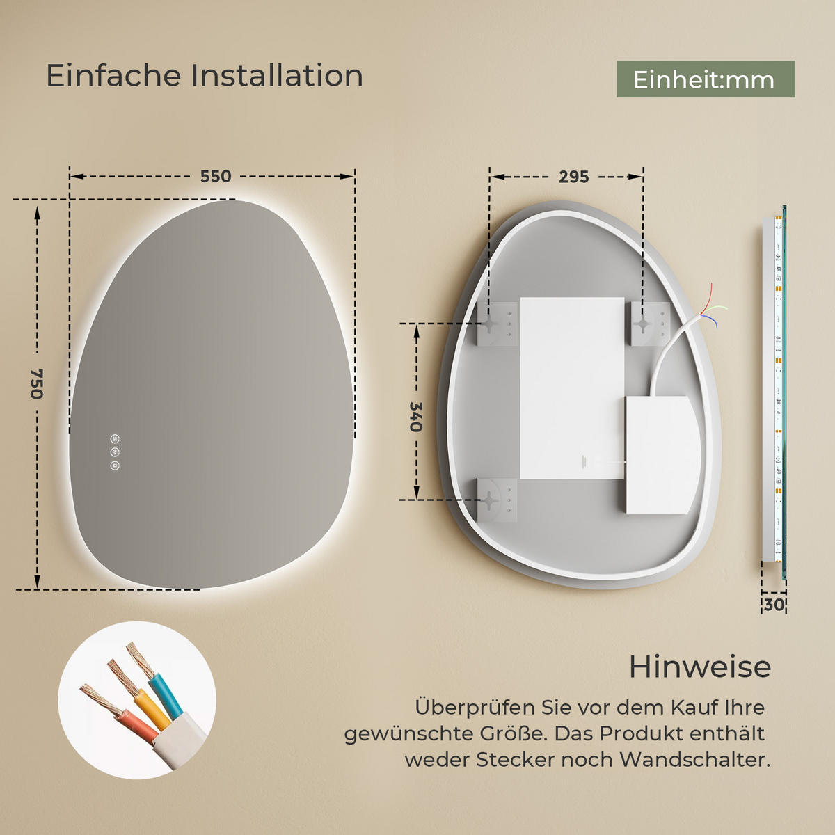 BADSPIEGEL MIT BELEUCHTUNG 75/55 cm asymmetrisch mit dimmbarer LED-Beleuchtung und Antibeschlag - Transparent, Glas (55/75/2.5cm) - S'AFIELINA