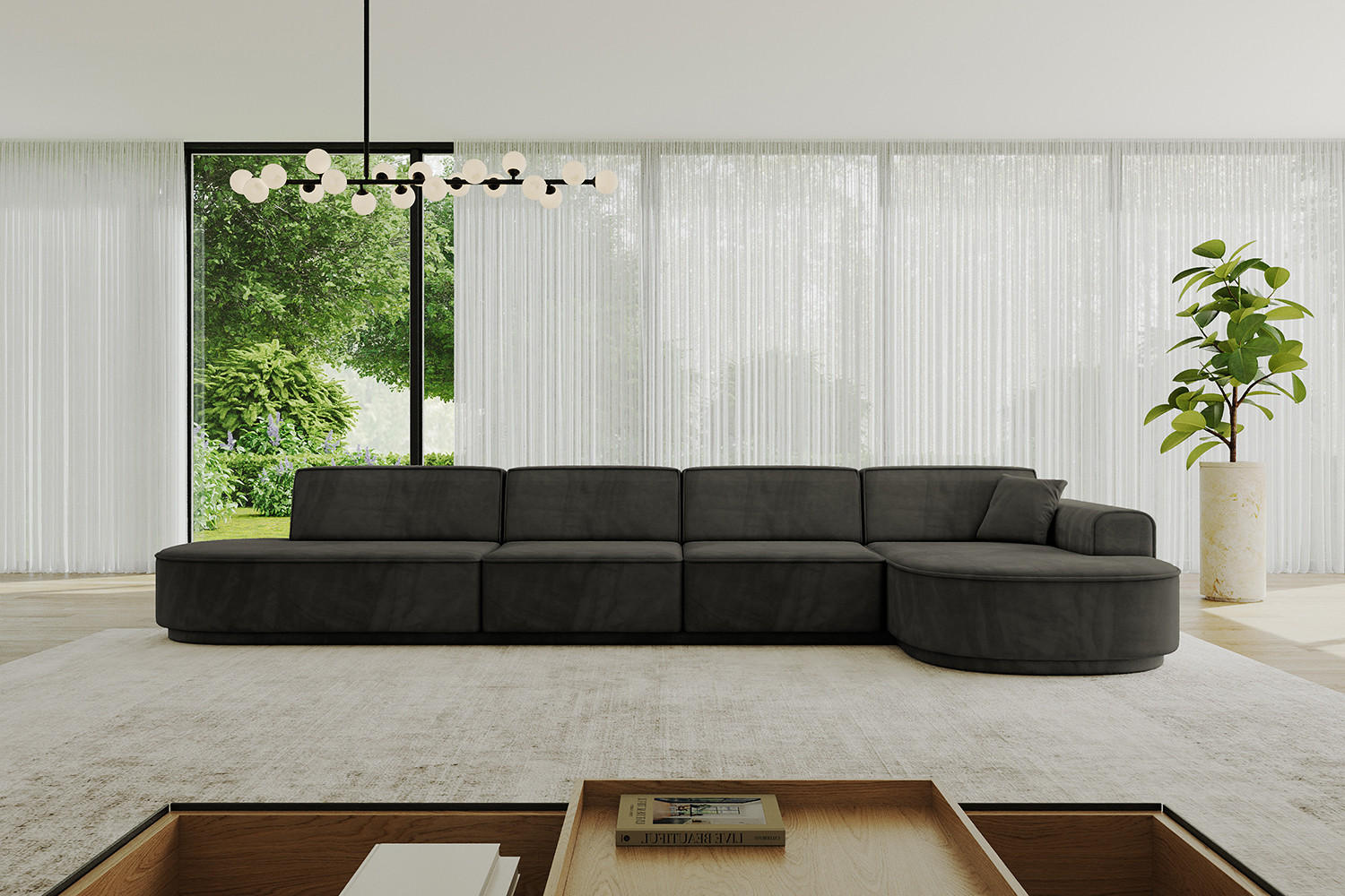 ECKSOFA Ottomane Rechts MARI-L3-v3 - 402x163x81 cm Schwarz Velours - Schwarz, Holzwerkstoff/Kunststoff (402/163cm) - ALTDECOR