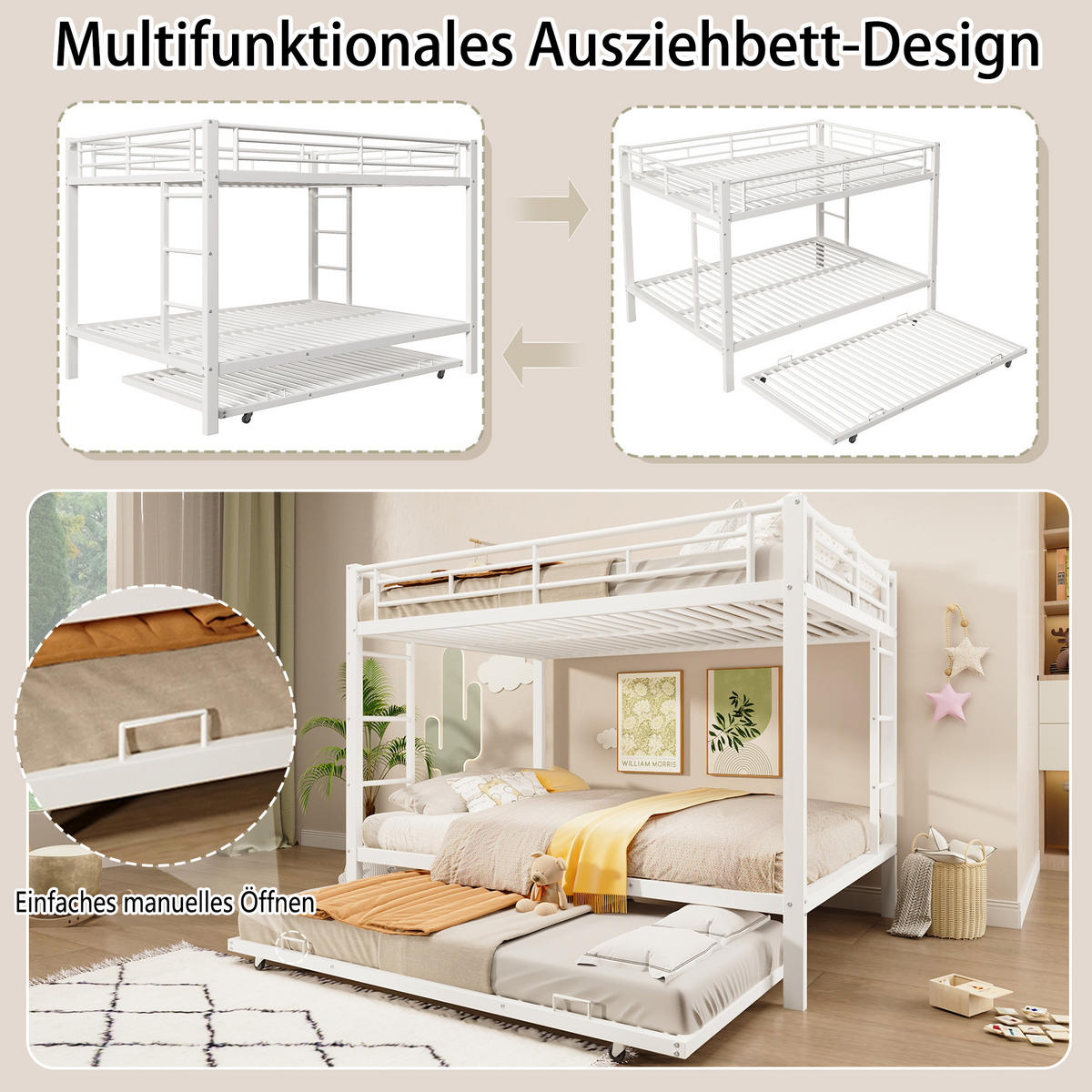 ETAGENBETT 140x200cm Weiß Metall Ausziehbett hohe Geländer - Weiß, Metall (140/200cm) - FLIEKS