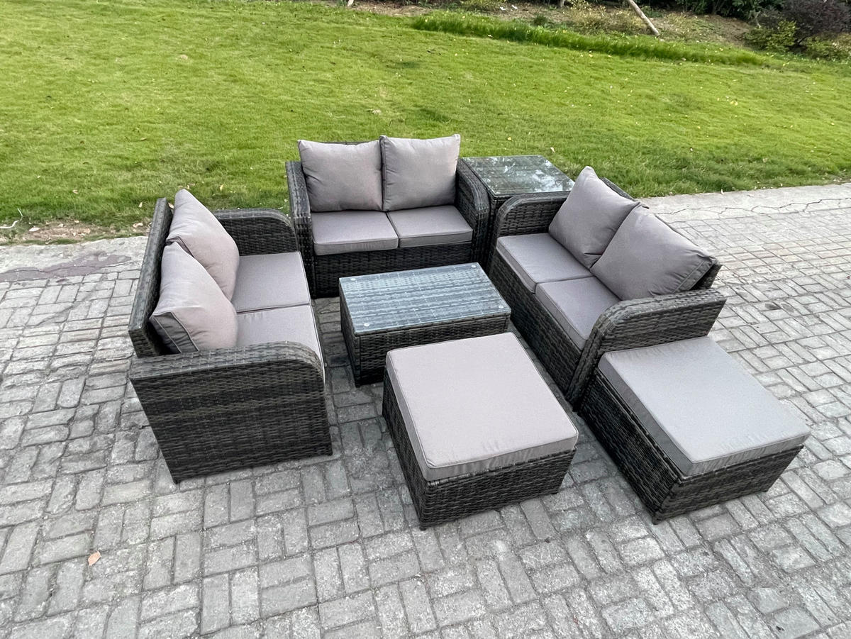 GARTENMÖBELGARNITUR mit KISSEN Polyrattan Dunkelgrau 8-Sitzer - Dunkelgrau/Grau, Glas/Kunststoff - Fimous