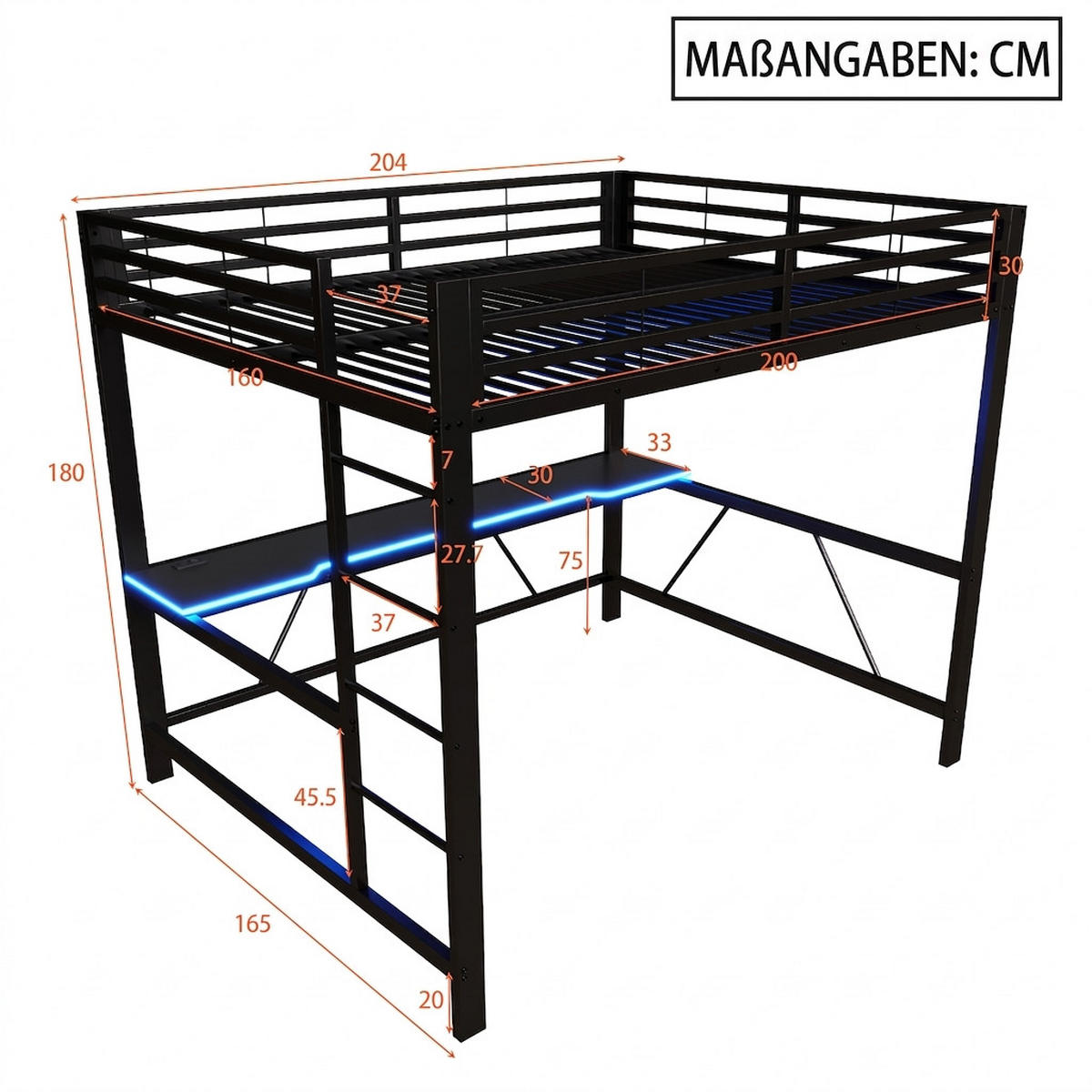 HOCHBETT 140/200 cm Schwarz mit LED-Beleuchtung, USB-Ladestation und Schreibtisch - Schwarz, Metall (140/200cm) - Oxeza
