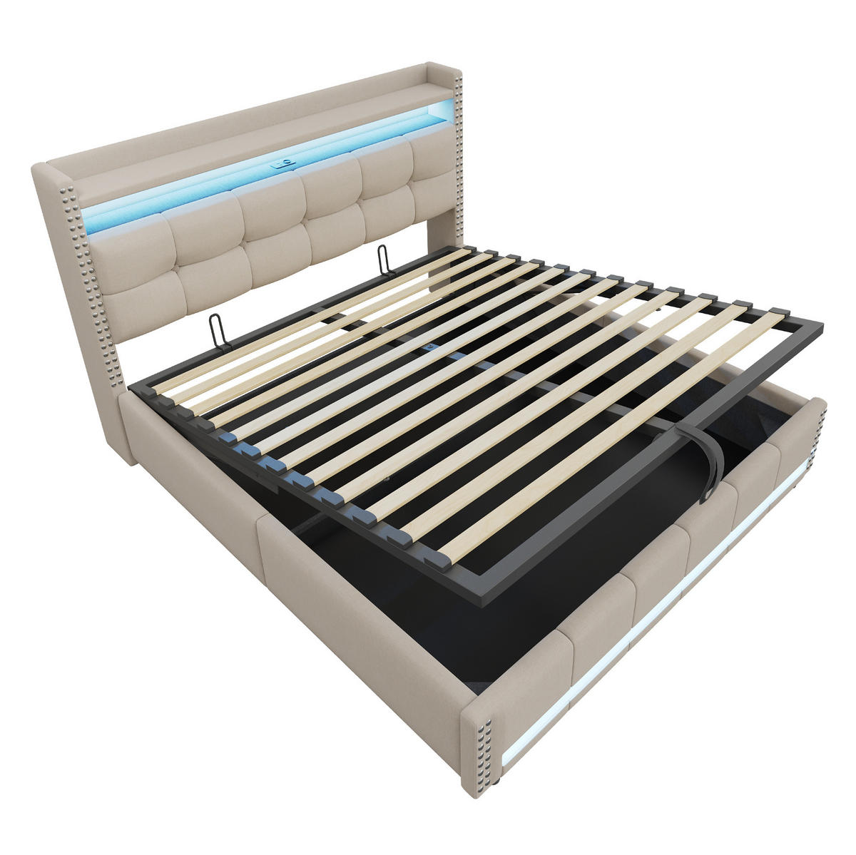 ČALÚNENÁ posteľ 180/200 cm s LED osvetlením, USB portom, úložným priestorom a hydraulickým zdvihom, Béžová - béžová, textil (180/200cm) - Redom