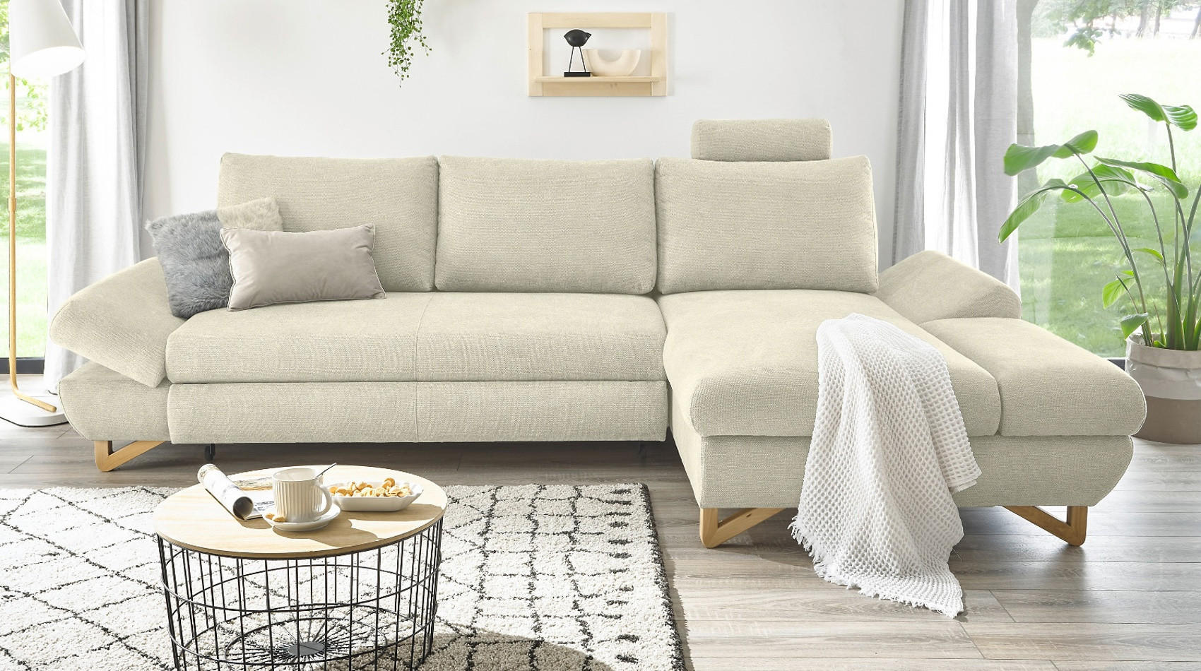 ECKSOFA beige Struktur-Stoff, Sofa mit Bettfunktion und Stauraum 284 cm - Beige, Holz/Textil (284/166cm) - Furn.Design