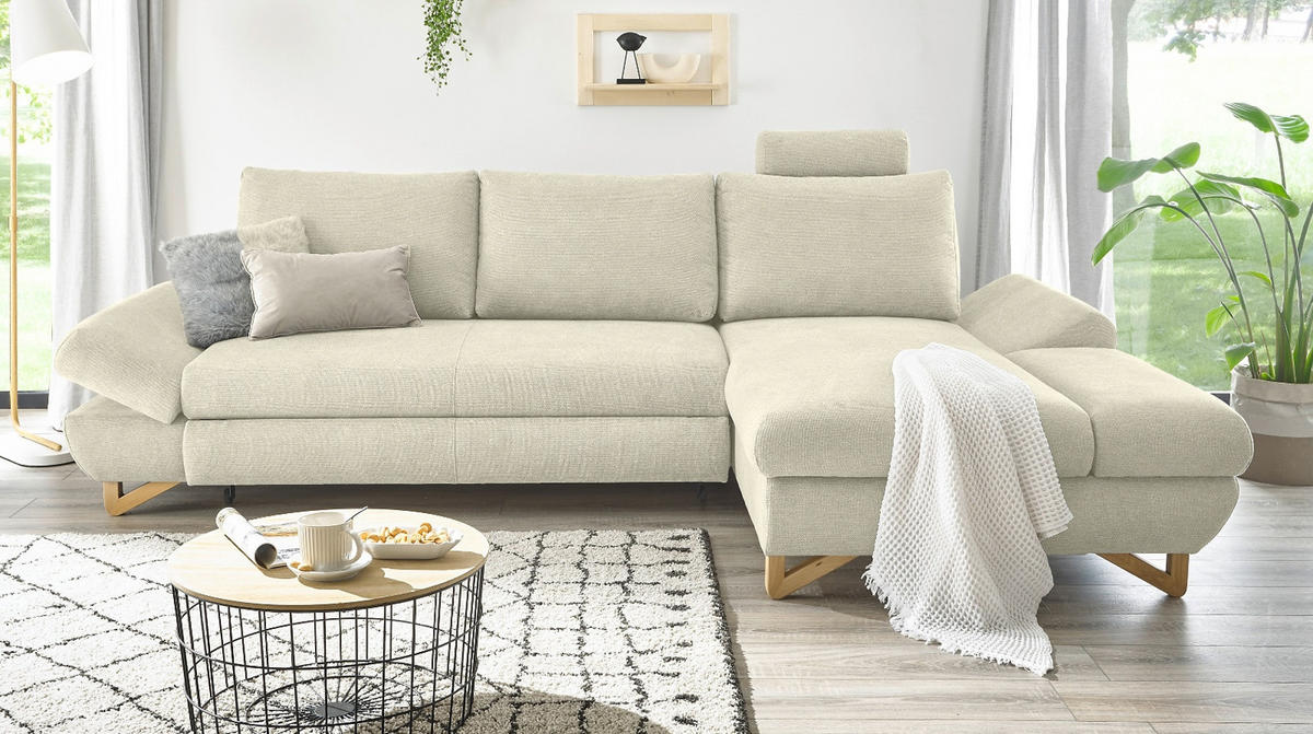 ECKSOFA beige Struktur-Stoff, Sofa mit Bettfunktion und Stauraum 284 cm - Beige, Holz/Textil (284/166cm) - Furn.Design