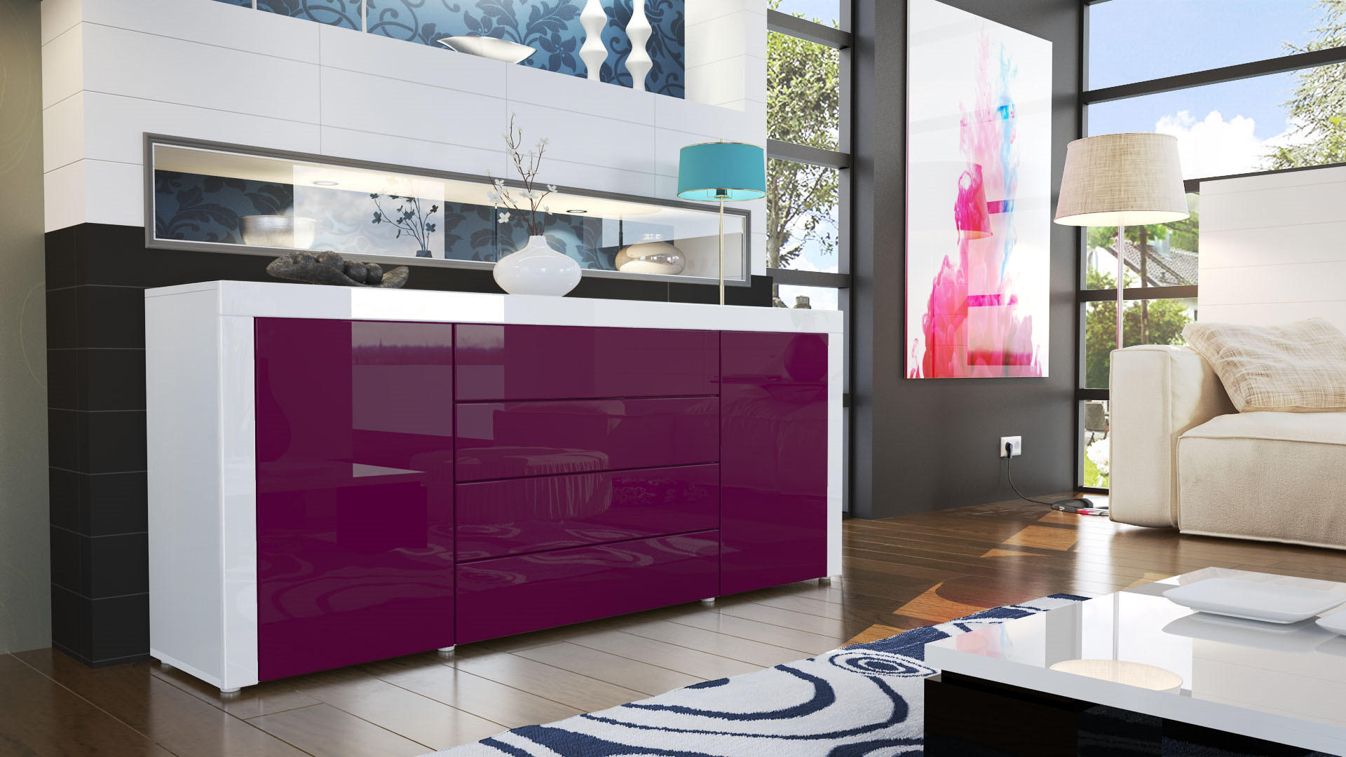 SIDEBOARD La Paz Brombeer Hochglanz / Weiß Hochglanz - Brombeere, Holzwerkstoff (167/72/35cm) - Vladon
