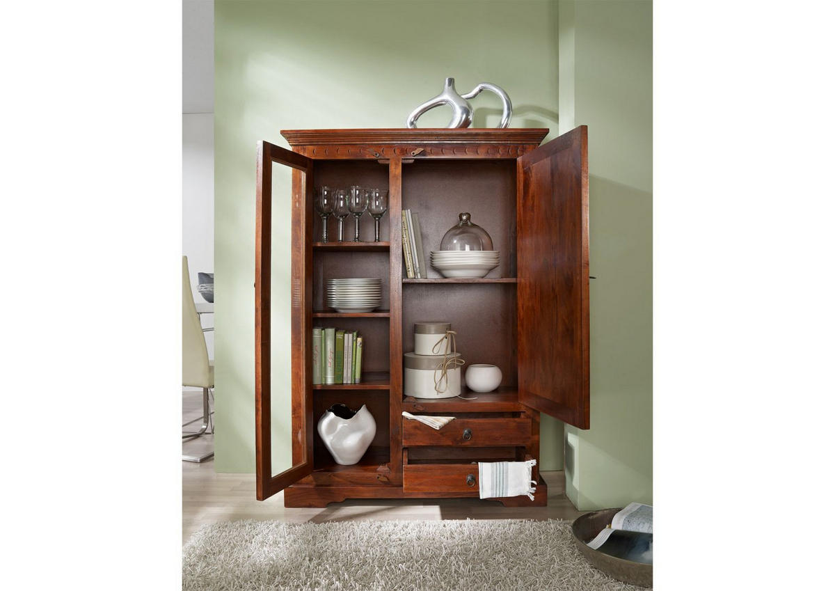 VITRINE Akazie 110x45x155 nougat lackiert OXFORD #425 - Dunkelbraun, Holz (110/155/45cm) - Massivmoebel24