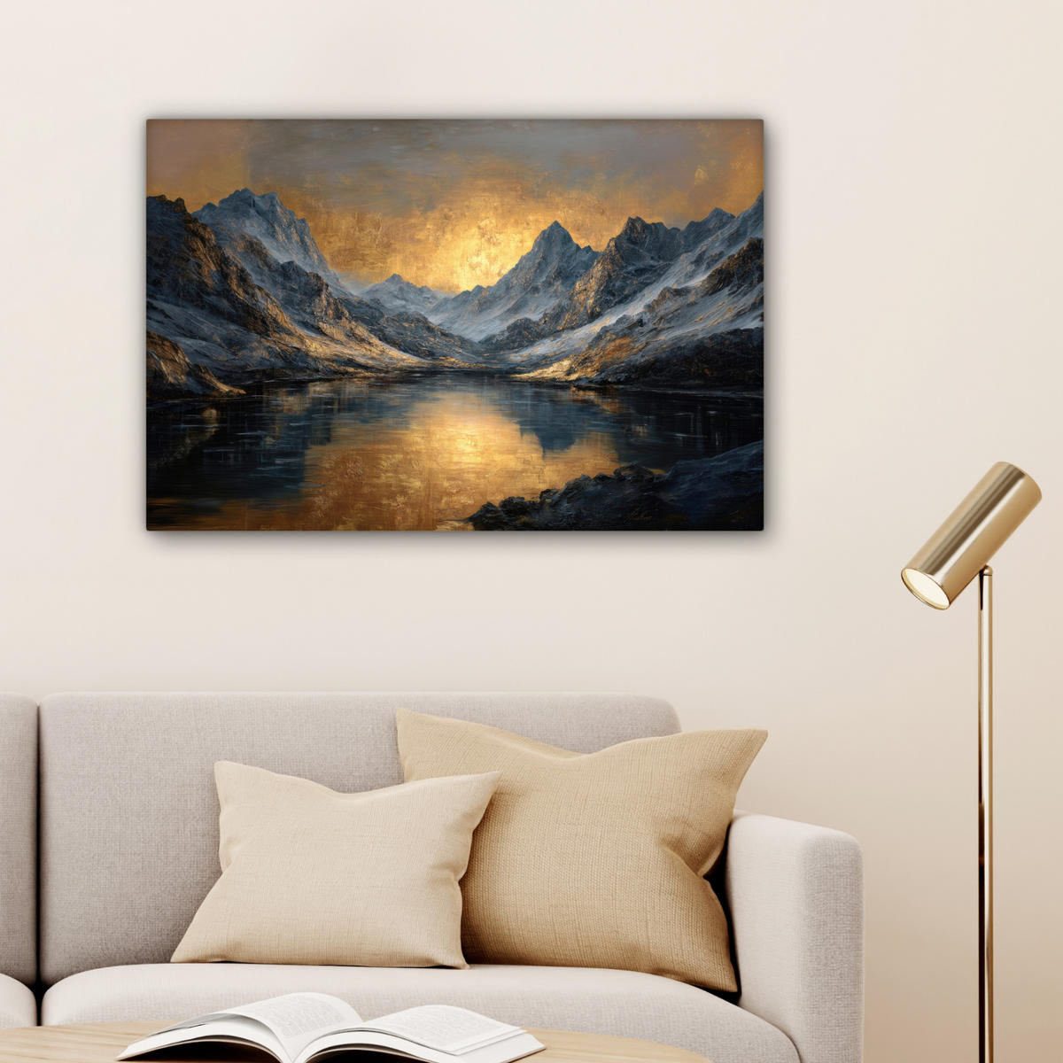 LEINWANDBILD Bergkulisse mit goldenem Sonnenuntergang Wanddeko 90x60 cm - Goldfarben, Textil (90/60cm) - MuchoWow