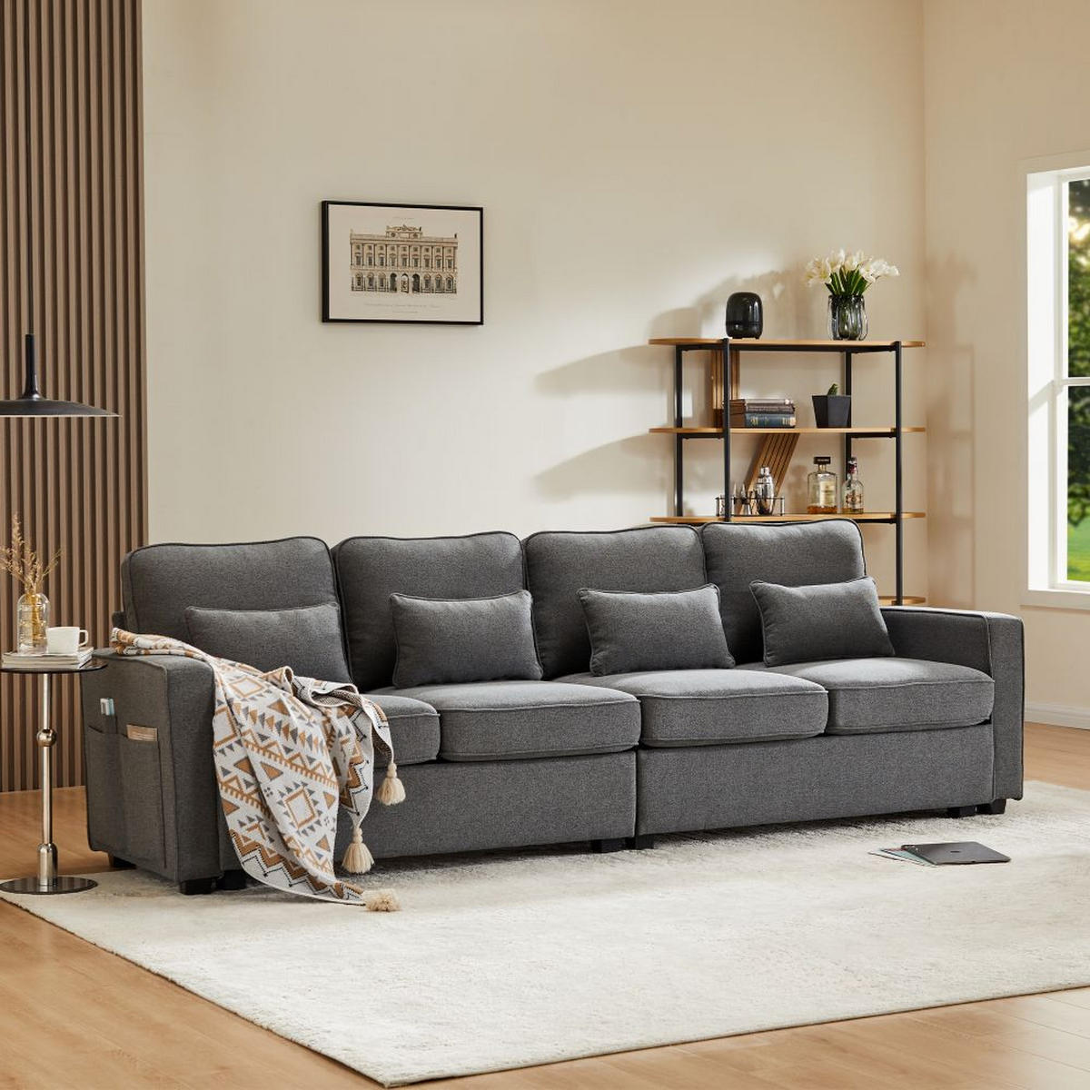 VIERSITZER-SOFA in Dunkelgrau Leinen mit 4 Kissen - Dunkelgrau, Textil (83/87/264cm) - KOMHTOM