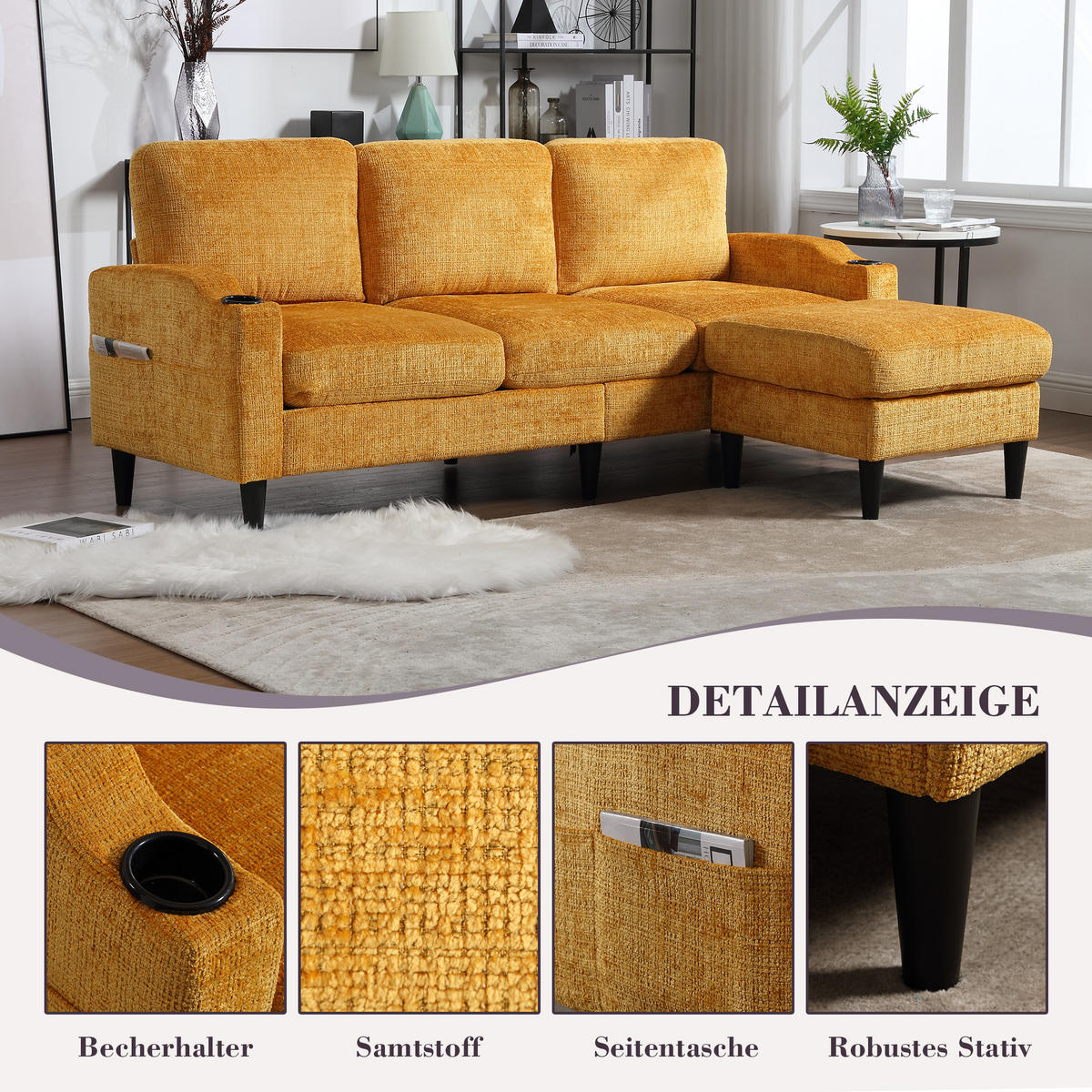 SITZGARNITUR 4-SITZER Chenille Gelb mit Stauraum - Gelb, Holzwerkstoff/Kunststoff (196.5/77/75cm) - WISHDOR