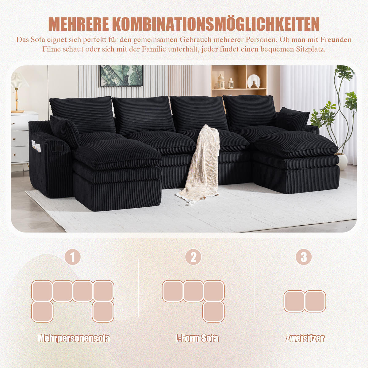 WOHNLANDSCHAFT Cord Schwarz mit Kissen und Seitentaschen - Schwarz, Textil (335/85/167cm) - WISHDOR