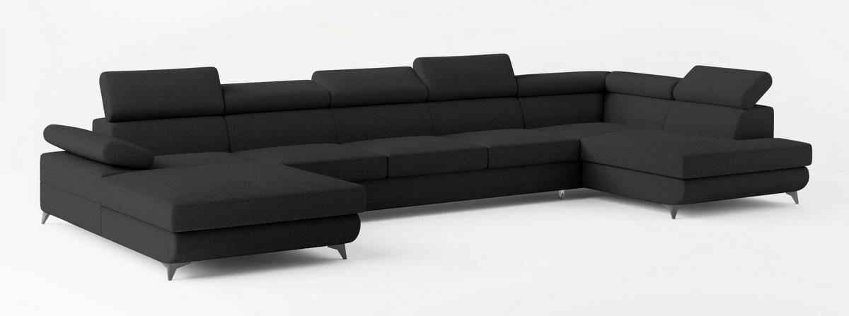WOHNLANDSCHAFT MONTIVA Schwarz Boucle-Stoff mit Schlaffunktion - Schwarz, Holz (410/89/190cm) - MASSENO