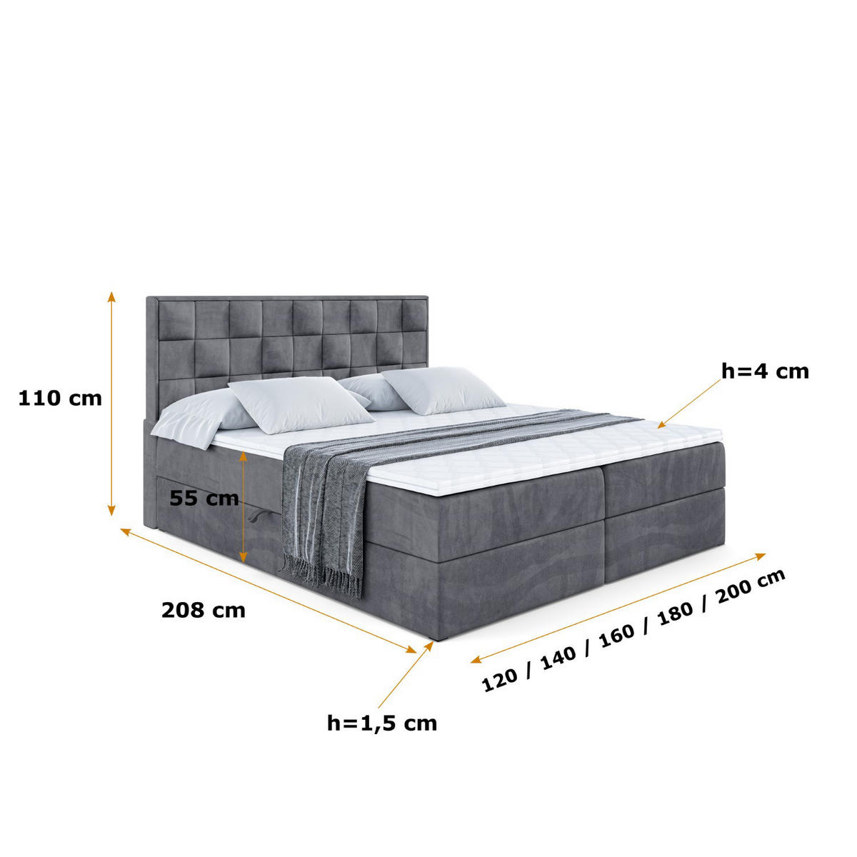 BOXBETT mit H4-Matratze und Lattenrost- ZAFIRA-BZ - 160x200 - Dunkelgrau Samt - Dunkelgrau, Holzwerkstoff (160/200cm) - ALTDECOR