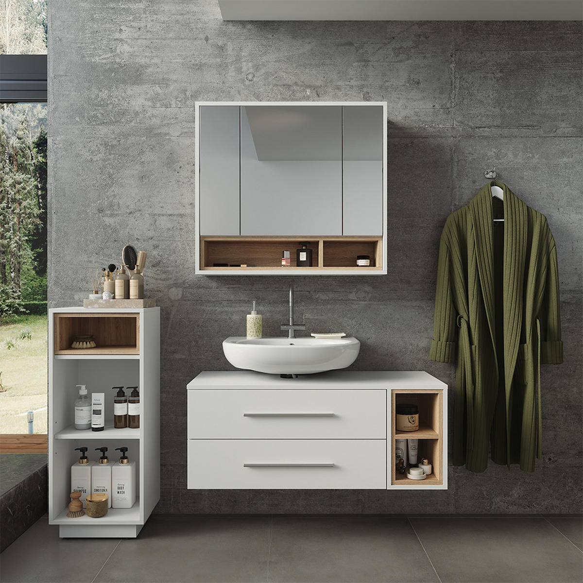 BADMÖBEL-SET Beatrice, Weiß/Sonoma, 3-teilig - Weiß/Sonoma Eiche, Holzwerkstoff (100/40/40cm) - Vicco