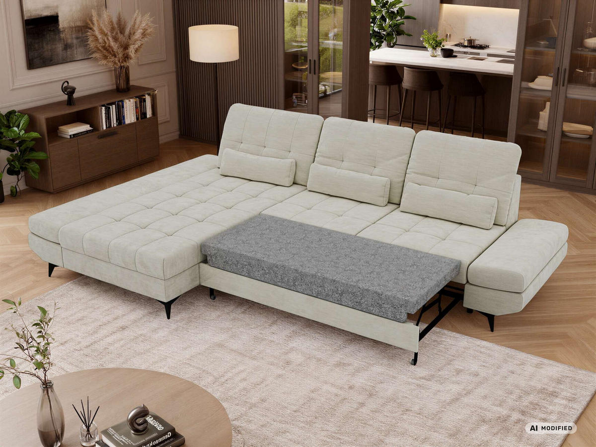 ECKSOFA ALVENO L - Creme Schenille glatt - Links Seite - Creme/Schwarz, Textil/Metall (218/344cm) - MKS