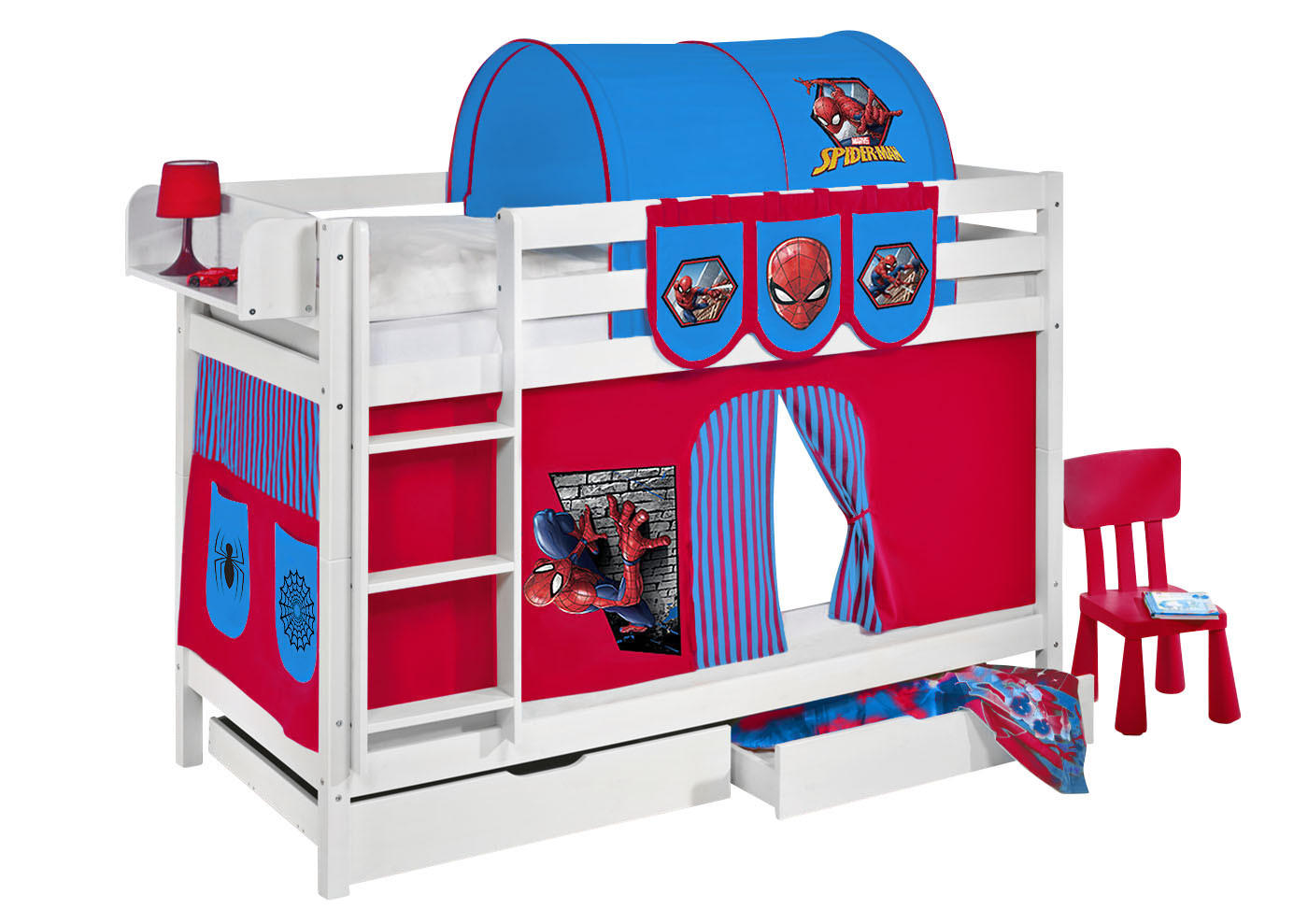 ETAGENBETT JELLE 90x190 cm Spiderman - Hochbett - inkl. Vorhang und 2 Lattenrosten - Weiß, Holz - Lilokids