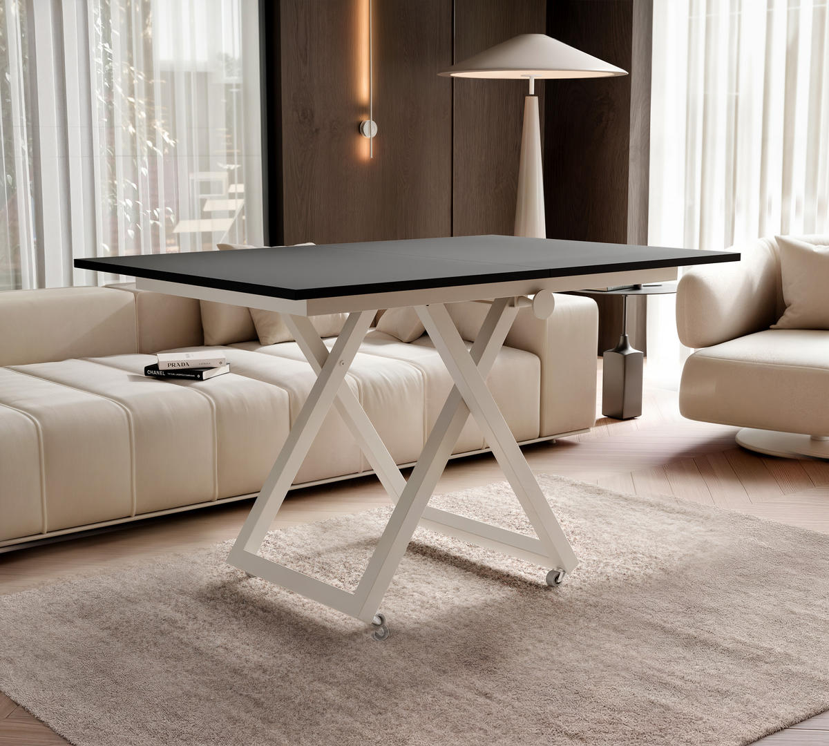 COUCHTISCH ARIA 120-160/80 cm, Höhenverstellbar, Kaschmir / Schwarz - Kaschmir/Schwarz, Holzwerkstoff/Metall (120/80/38cm) - Idohome