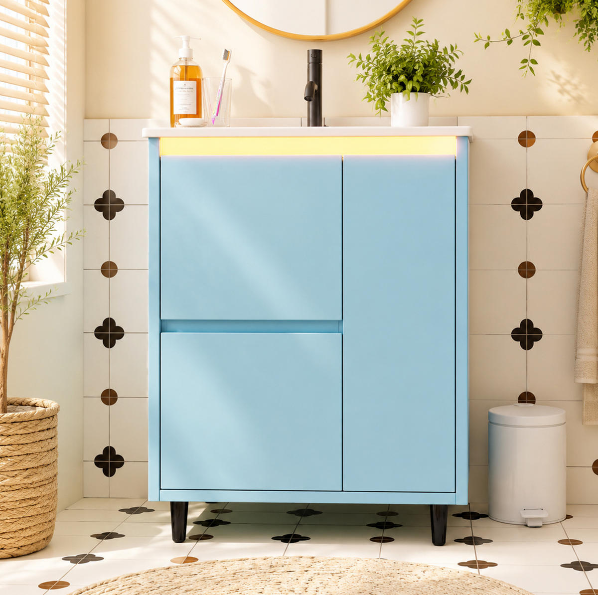 BADMÖBEL mit Waschtisch aus Keramik und MDF 61x46,5x87 cm Blau mit 2 Schubladen, Schrankfach und Soft-Close - Blau, Keramik (61/87/46.5cm) - Modfu