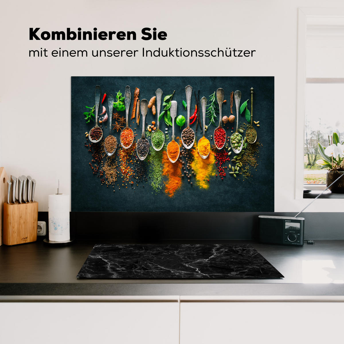 SPRITZSCHUTZ KÜCHE Kräuter - Gewürze - Löffel 90x60 cm - Multicolor, Metall (90/0.3/60cm) - MuchoWow