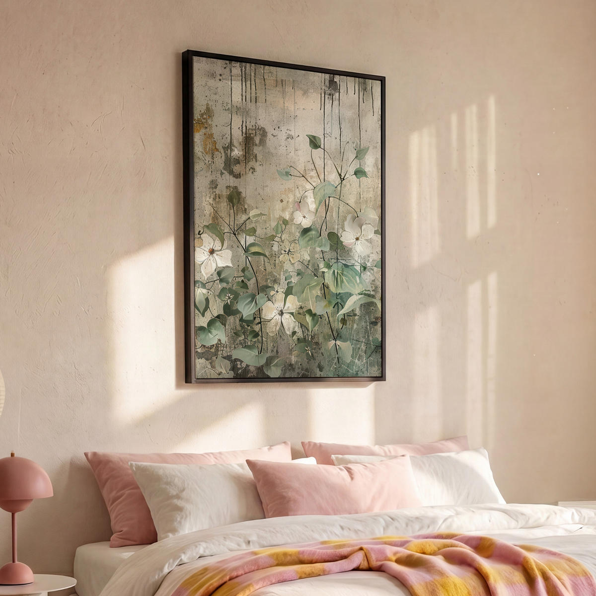 LEINWAND Bilder mit Rahmen - Blumen - Blätter - Abstrakt - Modern - 80x120 - Grau, Textil (80/120cm) - MuchoWow