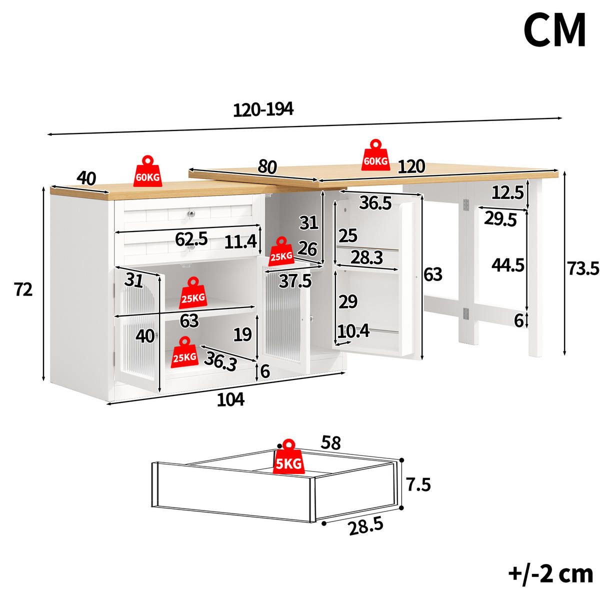 KÜCHENINSEL Ausziehbar 120 194cm 360° Drehbar Glastüren Weiß Schwarz - Weiß, Metall (120/73.5/40cm) - FLIEKS