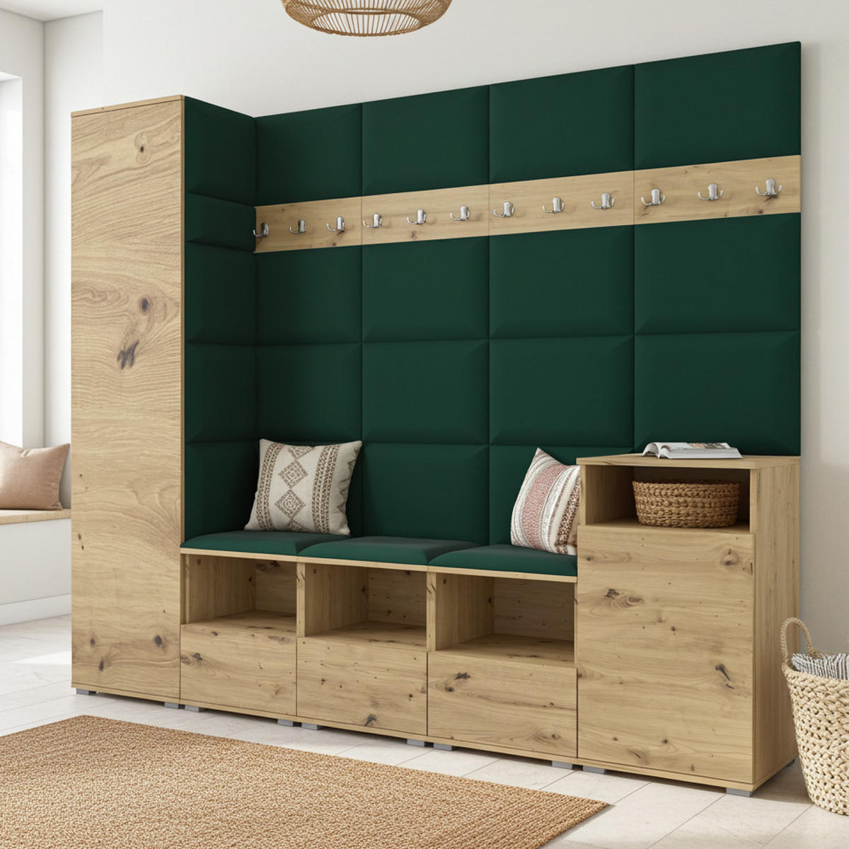 GARDEROBE NELA XI 250 cm (Modulare Flurmöbel Artisan Eiche mit Sitzpolster Flaschengrün 28 Großes Set) - Dunkelgrün/Silberfarben, Holz/Holzwerkstoff (250/187/40cm) - Ravio