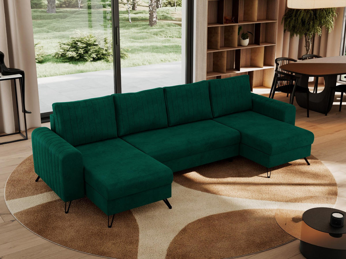 WOHNLANDSCHAFT AXEL U Velvet Dunkelgrün - Schwarz/Grün, Textil/Metall (312/90/140cm) - MKS