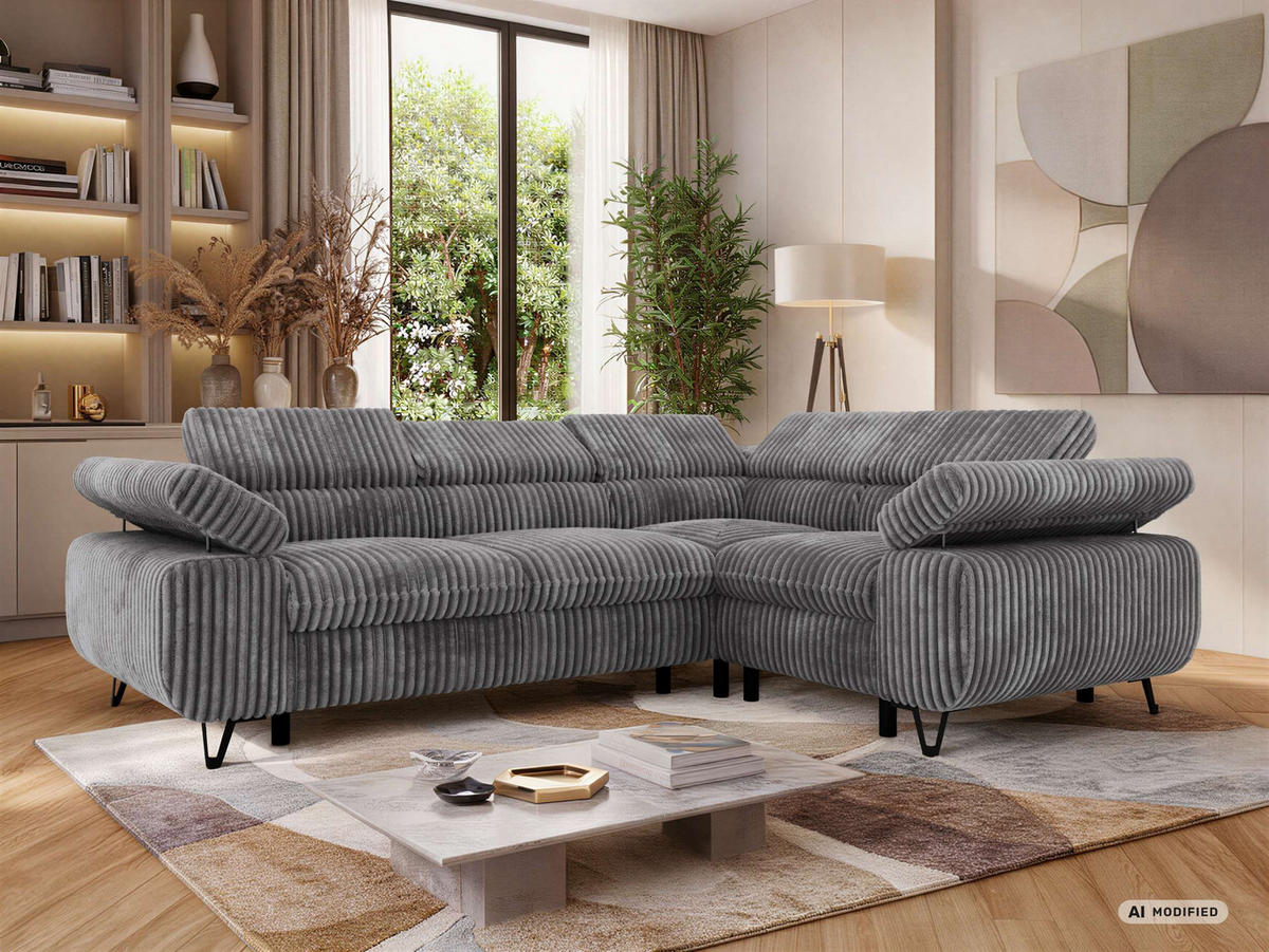 ECKSOFA ORSO L Grau Cord - Rechts Seite - Schwarz/Grau, Textil/Metall (268/197cm) - MKS