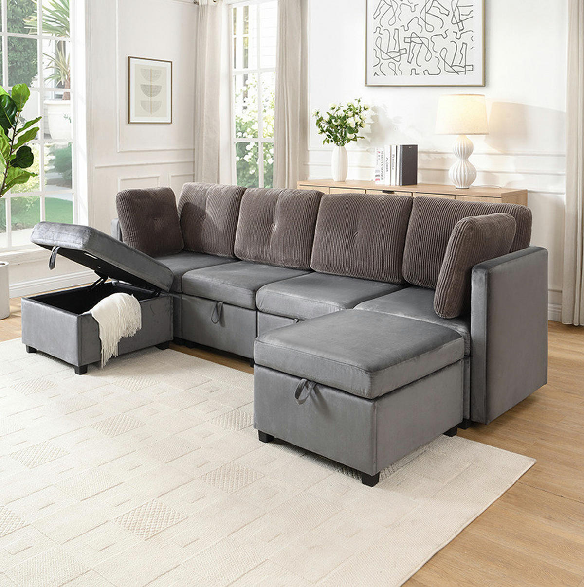 SOFA modular mit Stauraum ca. 261 x 132,5 cm Samt/Cord Antique Grey 6-teilig - Grau, Kunststoff (132.5/85/261cm) - Meubliv