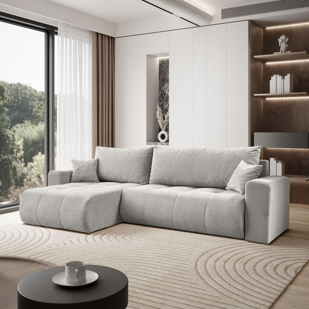 ECKSOFA Gepolstertes CLOUD mit Schlaffunktion und Bettkasten, Wind 84 - Grau, Textil (277/143cm) - Lookway