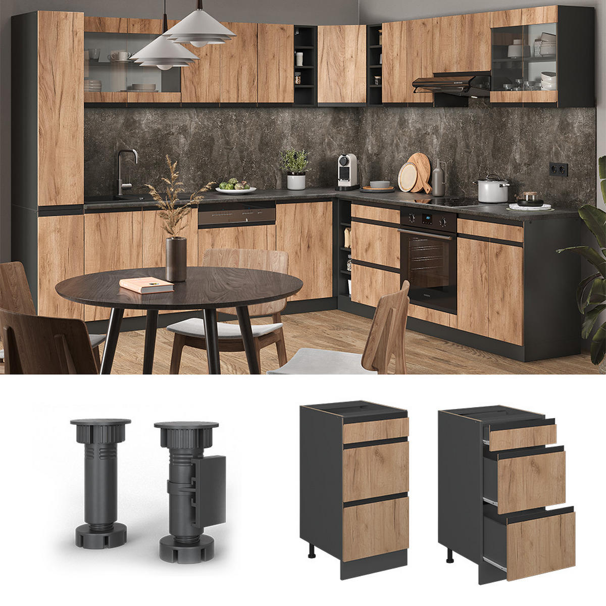 KÜCHENUNTERSCHRANK R-Line Goldkraft Eiche 40 cm J-Shape mit Schubladen ohne AP - Honigeiche/Anthrazit, Holzwerkstoff (40/81.6/46cm) - Vicco
