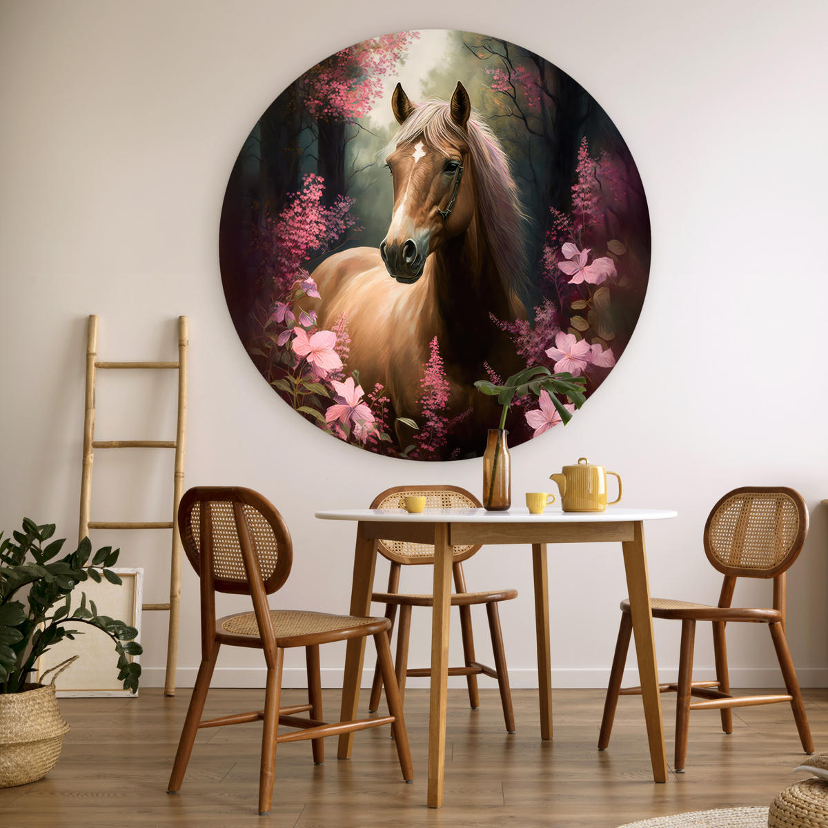 WANDBILD Pferd - Blumen - Rosa - Natur - Wald 140x140 cm - Altrosa, Kunststoff (140/140cm) - MuchoWow