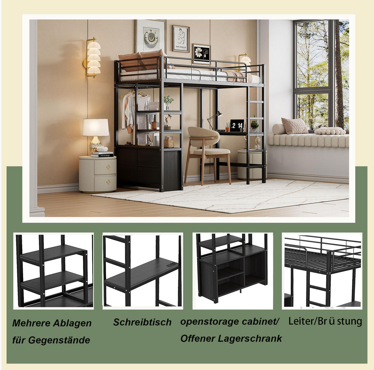 HOCHBETT 90/200 cm Schwarz aus Metall mit Schreibtisch und Regalen - Schwarz, Metall (90/200cm) - OKMYHOME