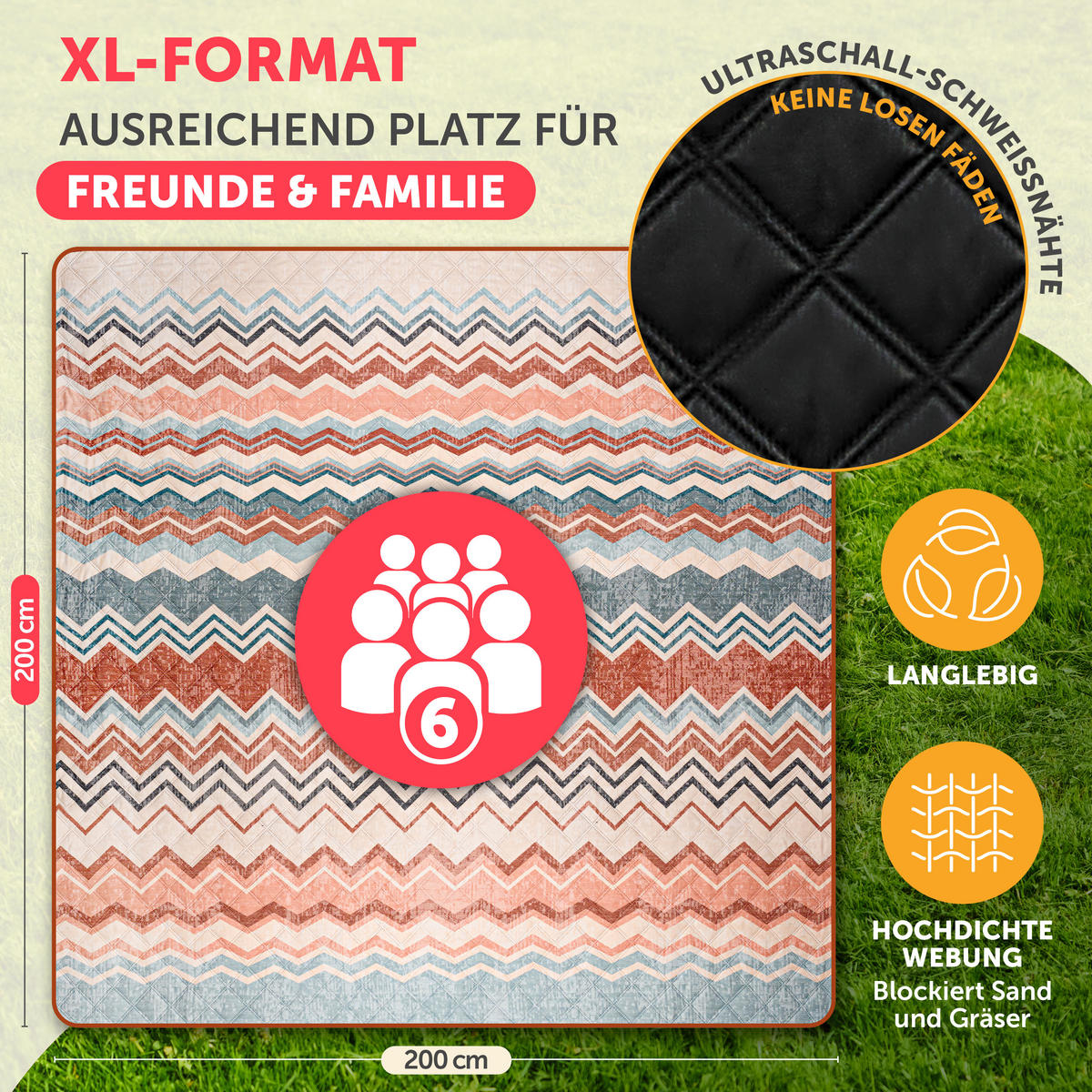 PICKNICKDECKE wasserabweisend 200x200 cm Boho & Terrazzo Design - Decke Boho Zickzack - Multicolor, Textil (200/200cm) - Blumtal