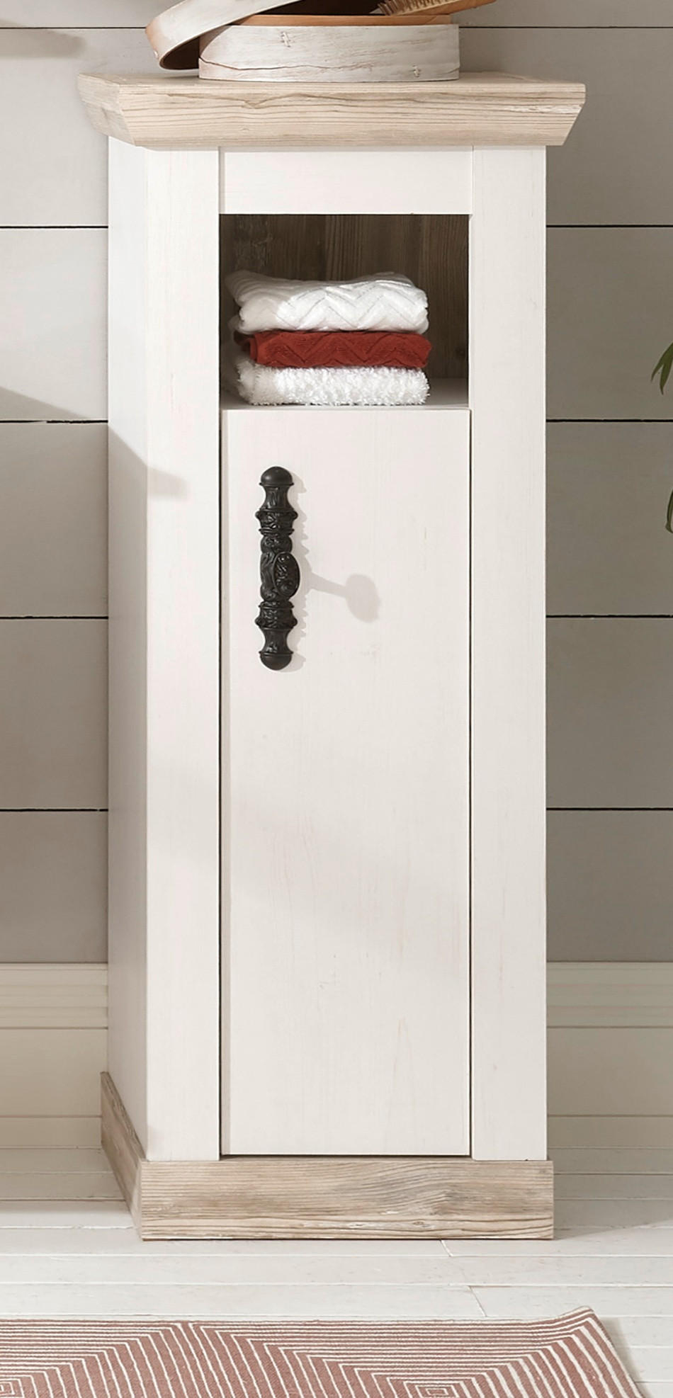 BAD-KOMMODE Pinie weiß, Oslo Pinie Landhaus, Badmöbel Midischrank, 42 x 120 cm - Dunkelgrau/Weiß, Holzwerkstoff/Metall (42/120/35cm) - Furn.Design