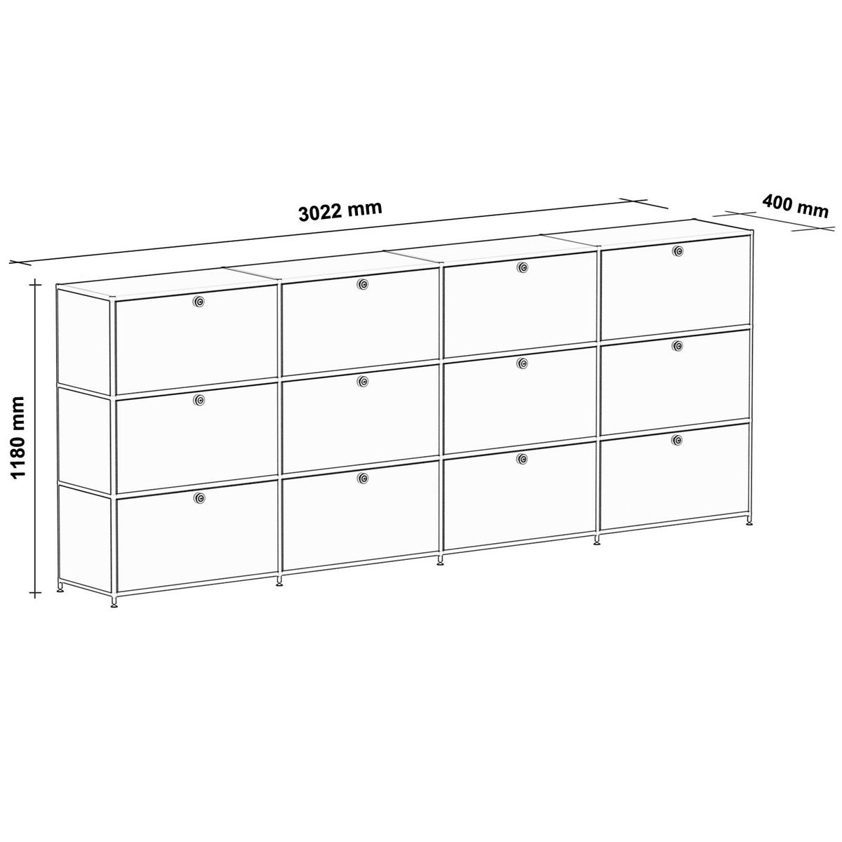 HOCHSCHRANK, 12 Schubladen, Schloss, Breite 302 cm, Signalweiß - Chromfarben/Silberfarben, Metall (40/118/302.2cm) - Versee