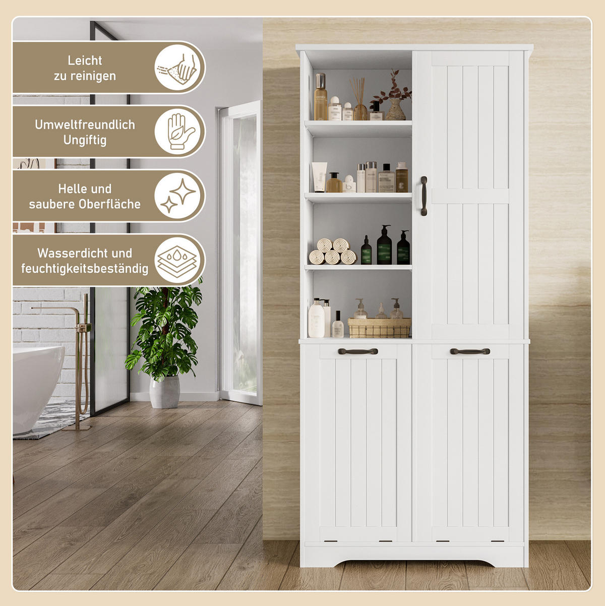 BADEZIMMERSCHRANK 78x35x172.7cm in Weiß, feuchtigkeitsbeständig mit 2 Wäschekörben - Weiß, Holzwerkstoff (78/172.7/35cm) - Modfu