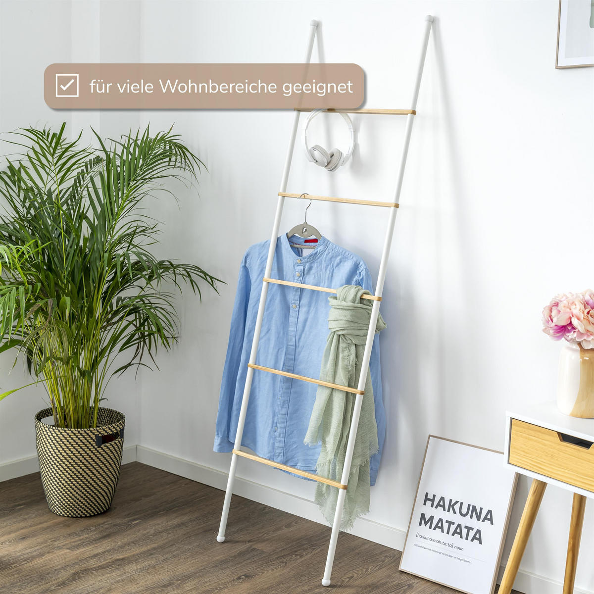 HANDTUCHLEITER, Bambus/Metall, weiß - Weiß, Holz (44.5/164.5/2.5cm) - eluno