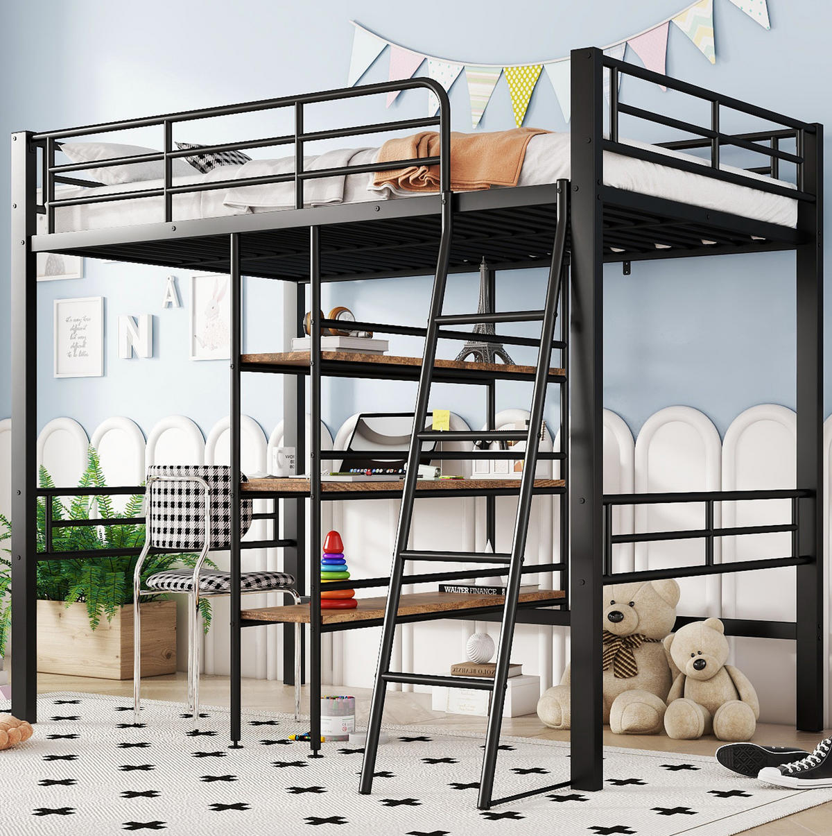 HOCHBETT mit Schreibtisch 90/200 cm in Schwarz – mit Regalen, Leiter und Rausfallschutz - Schwarz, Metall (90/200cm) - BEAOK