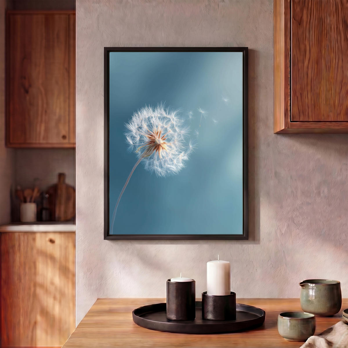 LEINWAND Bilder mit Rahmen - Löwenzahn - Wind - Blau - 30x40 - Blaugrau, Textil (30/40cm) - MuchoWow