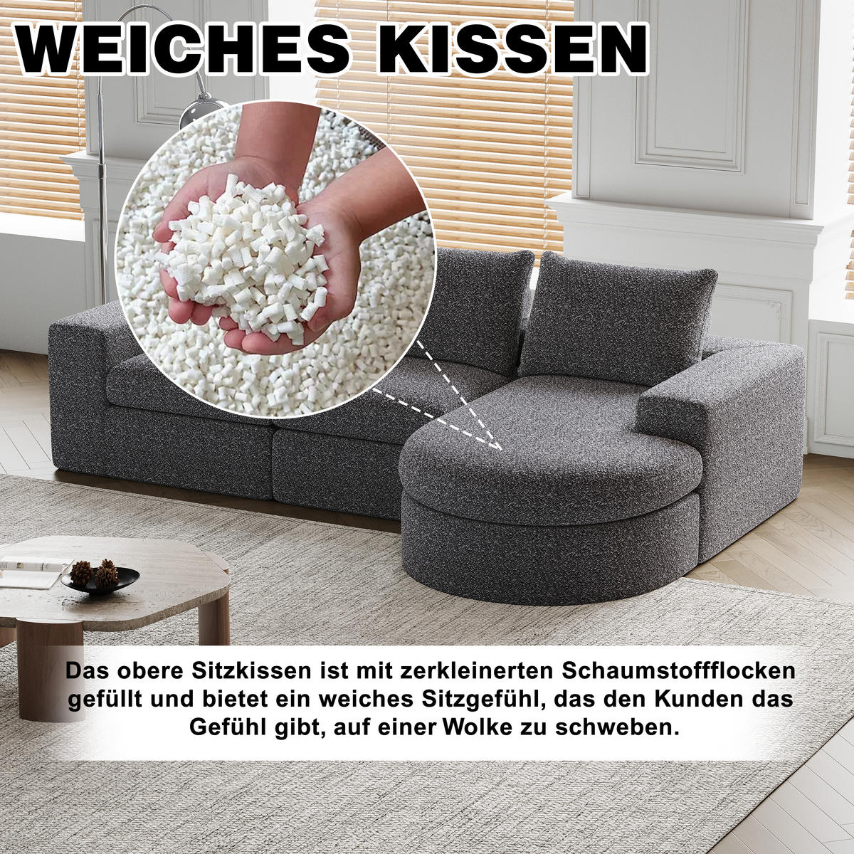 SCHLAFSOFA aus Chenille mit Liegestuhl, 2-teilig - Grau, Textil (322.5/81.2/217.7cm)