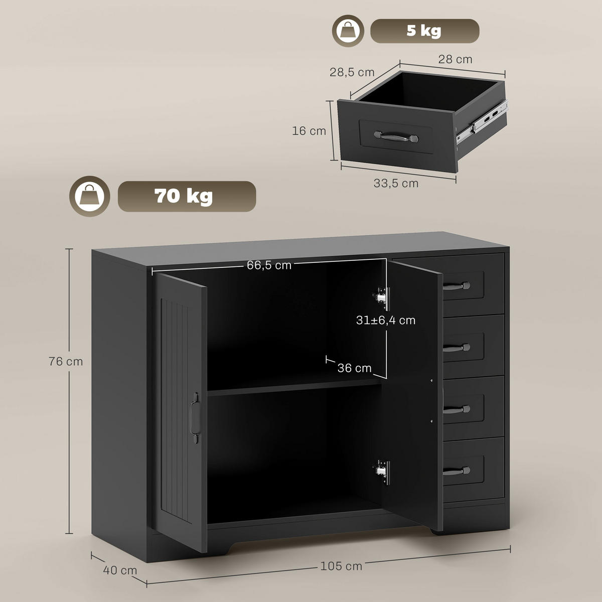 SIDEBOARD, Beistellschrank mit 4 Schubladen, verstellbarer Einlegeboden, Schwarz - Schwarz, Holzwerkstoff/Metall (40/76/105cm) - HOMCOM