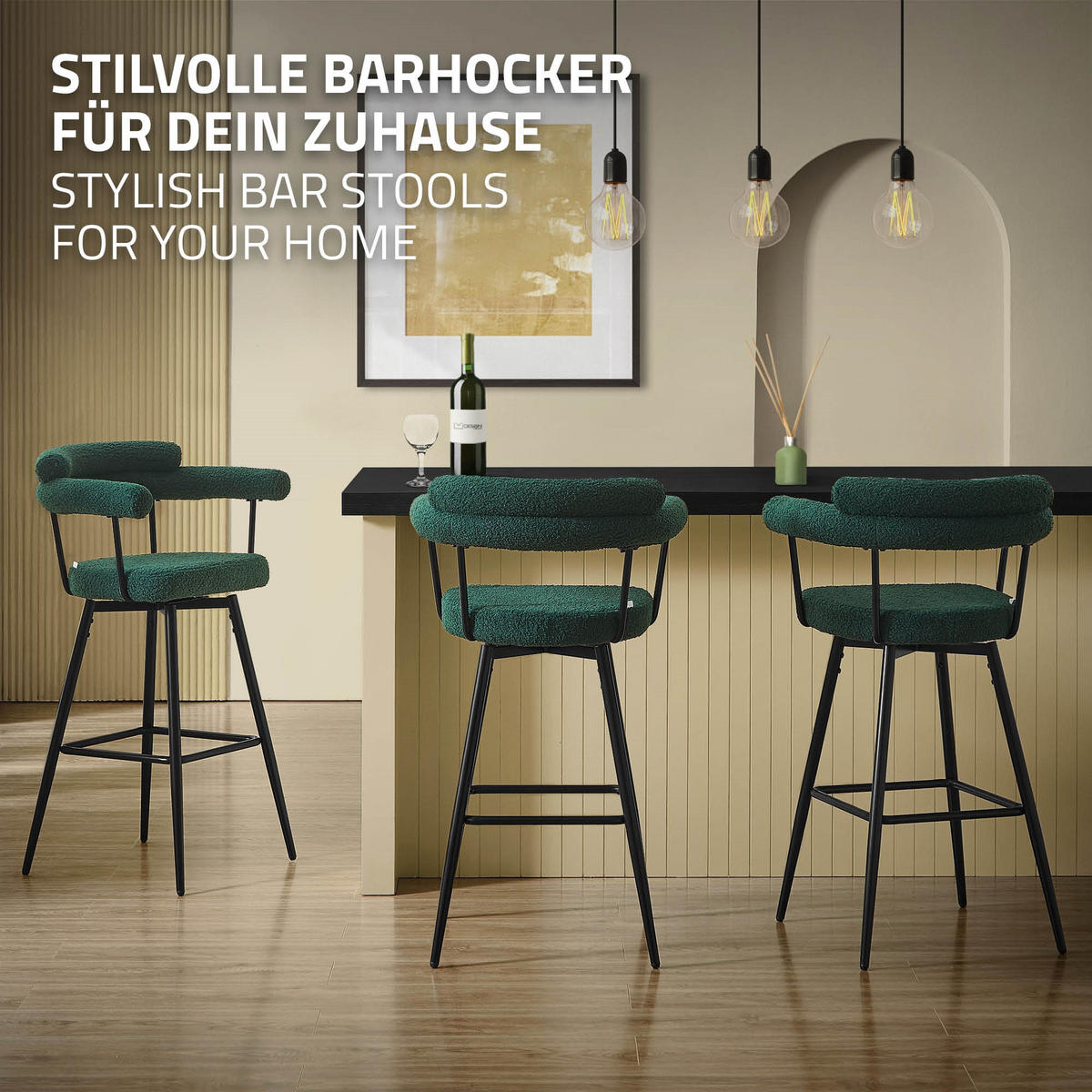 BAROVÉ STOLIČKY 4ks otočné tmavě zelené s plyšovým potahem, výška 76 cm - černá/tmavě zelená, kov/textil (61/103/55cm) - ML-DESIGN