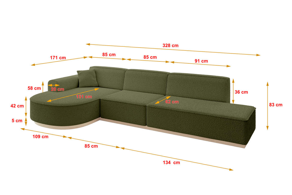 ECKSOFA Ottomane Links ARRIO-L2 - 328x171x83 cm Grün - Grün, Holzwerkstoff/Textil (328/171cm) - ALTDECOR