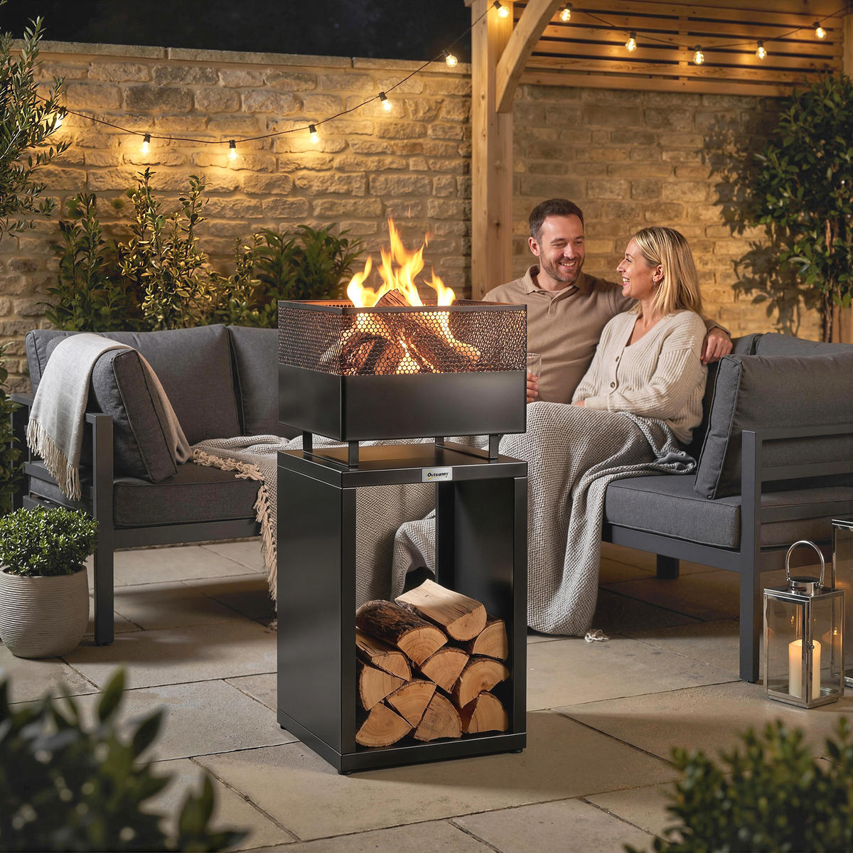 FEUERSCHALE Metall Schwarz - Schwarz, Metall (39/87/39cm) - Outsunny