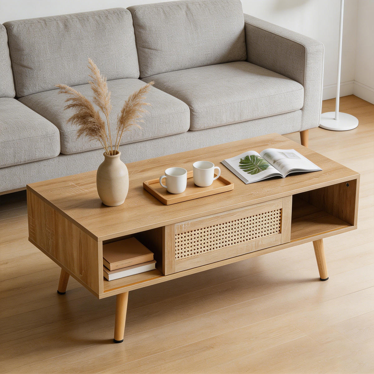 COUCHTISCH mit Stauraum, Holzwerkstoff und Rattan, Eiche - Eichefarben, Holzwerkstoff (105/55/40cm) - Meubles Cosy