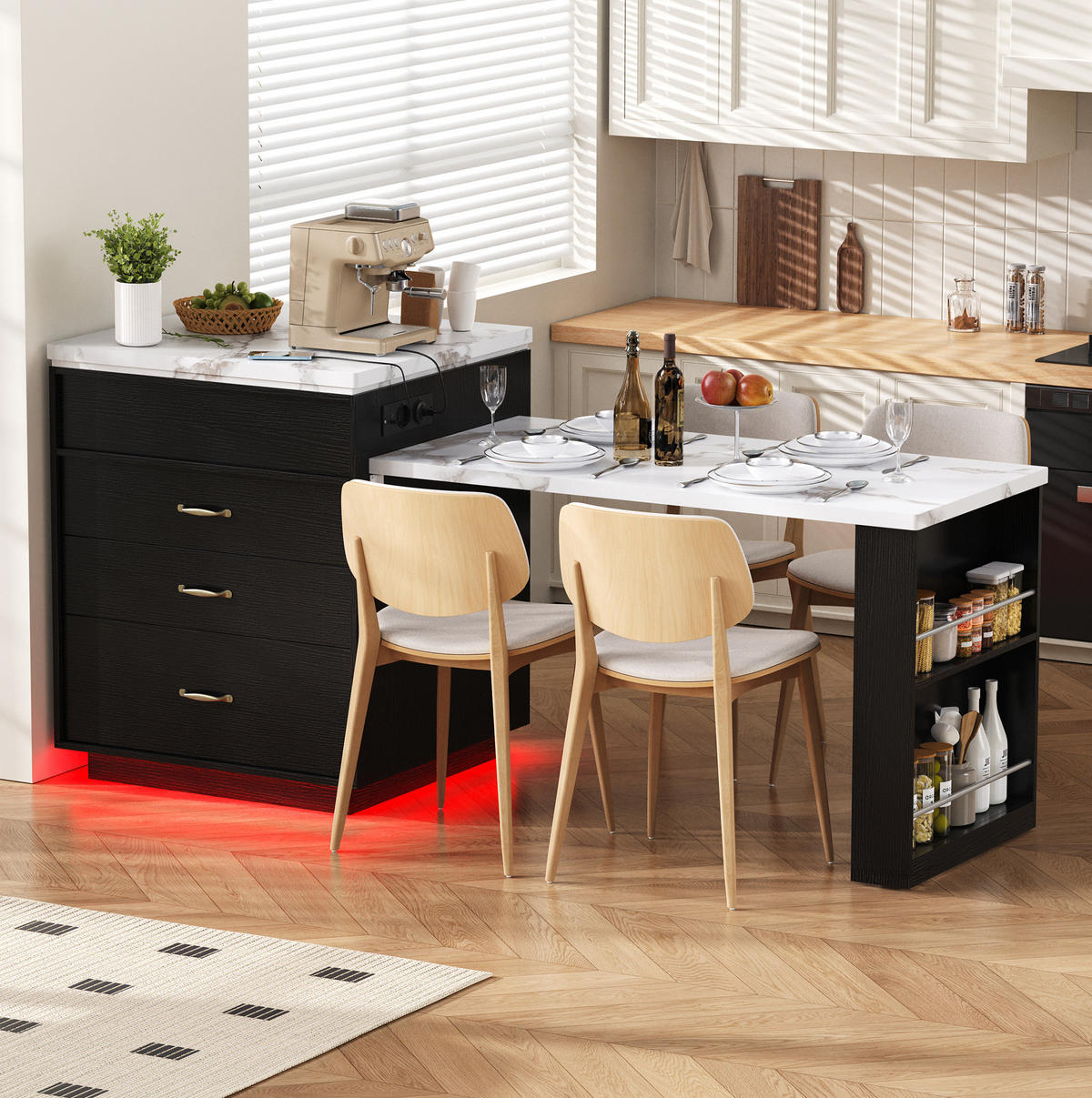 KUCHYŇSKÝ ostrůvek 125,5–187,5/71/93 cm černý z MDF s LED osvětlením a výsuvnou deskou - černá, kompozitní dřevo (125.5/93/71cm) - OKWISH