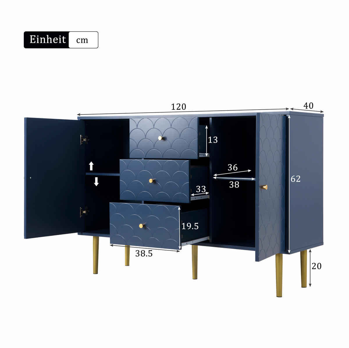KOMMODE 120/40/83 cm mit 3 Schubladen und 2 Türen in Marineblau - Dunkelblau, Metall (120/83/40cm) - BEAOK