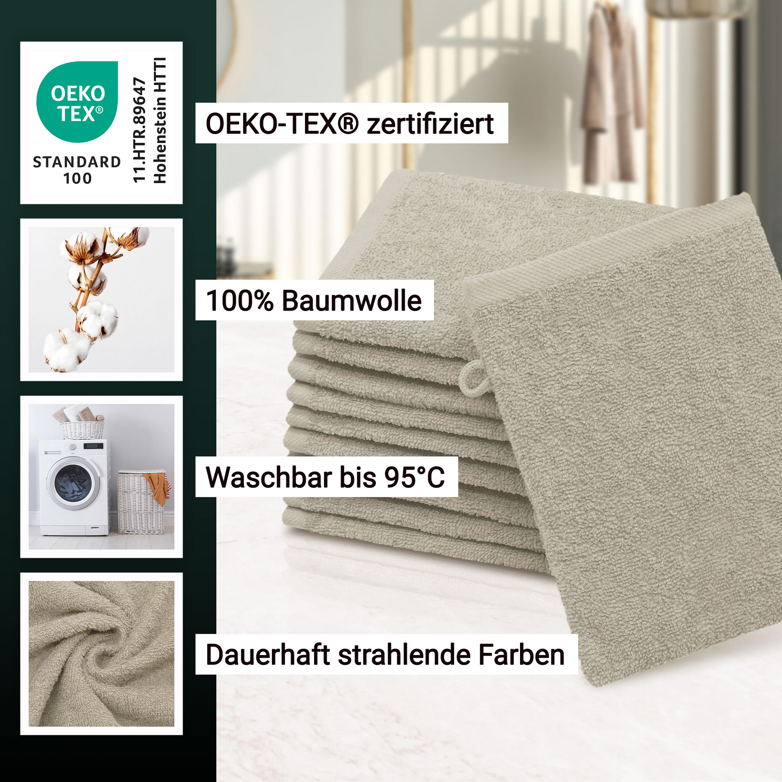 WASCHHANDSCHUH, 10er-Set, 16x21 cm, 100% Baumwolle, Braun - Cappuccino, Textil (16/21cm) - Zollner