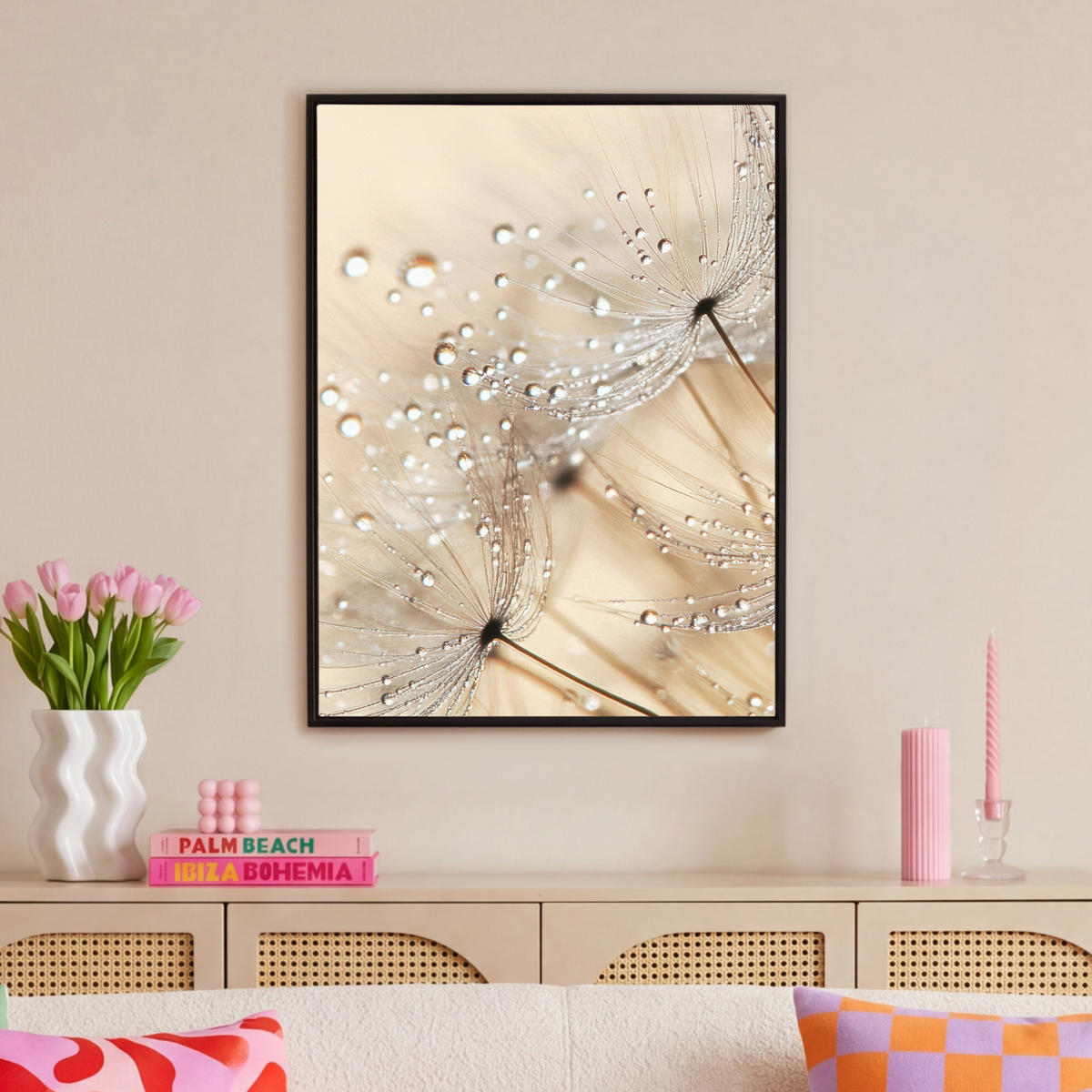 LEINWAND Bilder mit Rahmen - Löwenzahn - Abstrakt - Natur - Beige - 70x100 - Braun, Textil (70/100cm) - MuchoWow